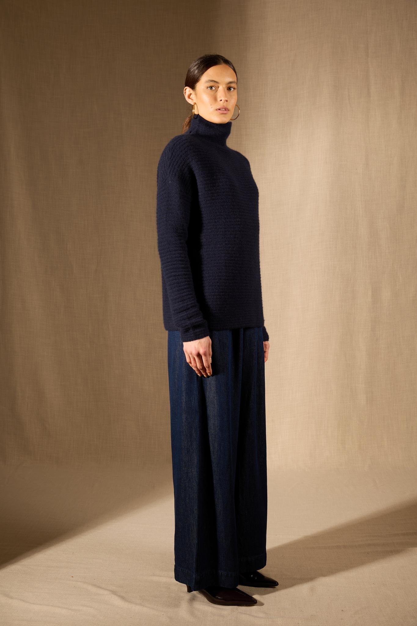 MAIROS pull col montant 6 fils navy 100% cachemire