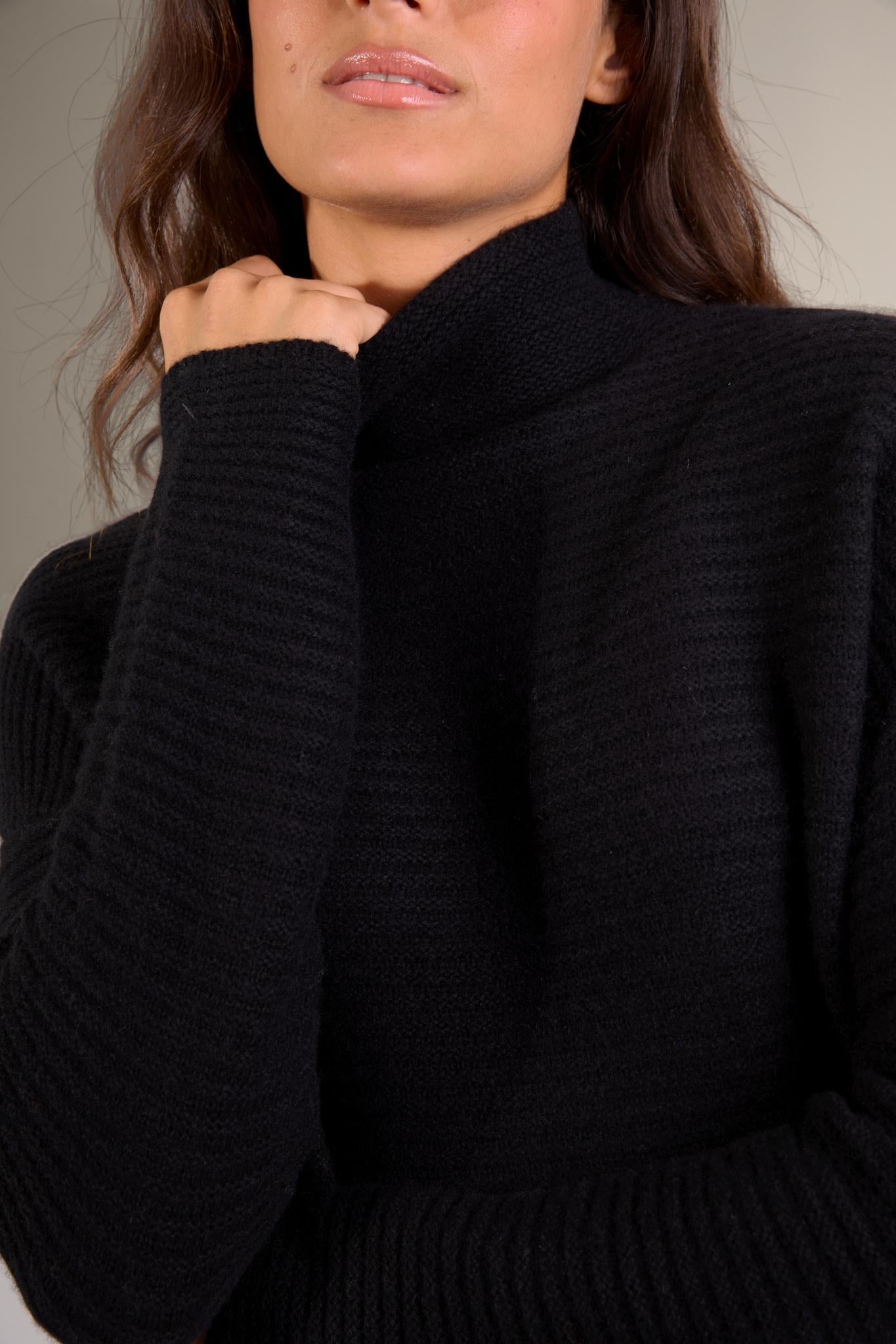 MAIROS pull col montant 6 fils noir 100% cachemire