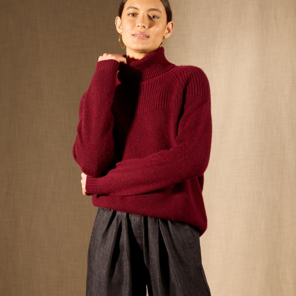 MANESES pull col roulé 6 fils cranberry chiné 100% cachemire