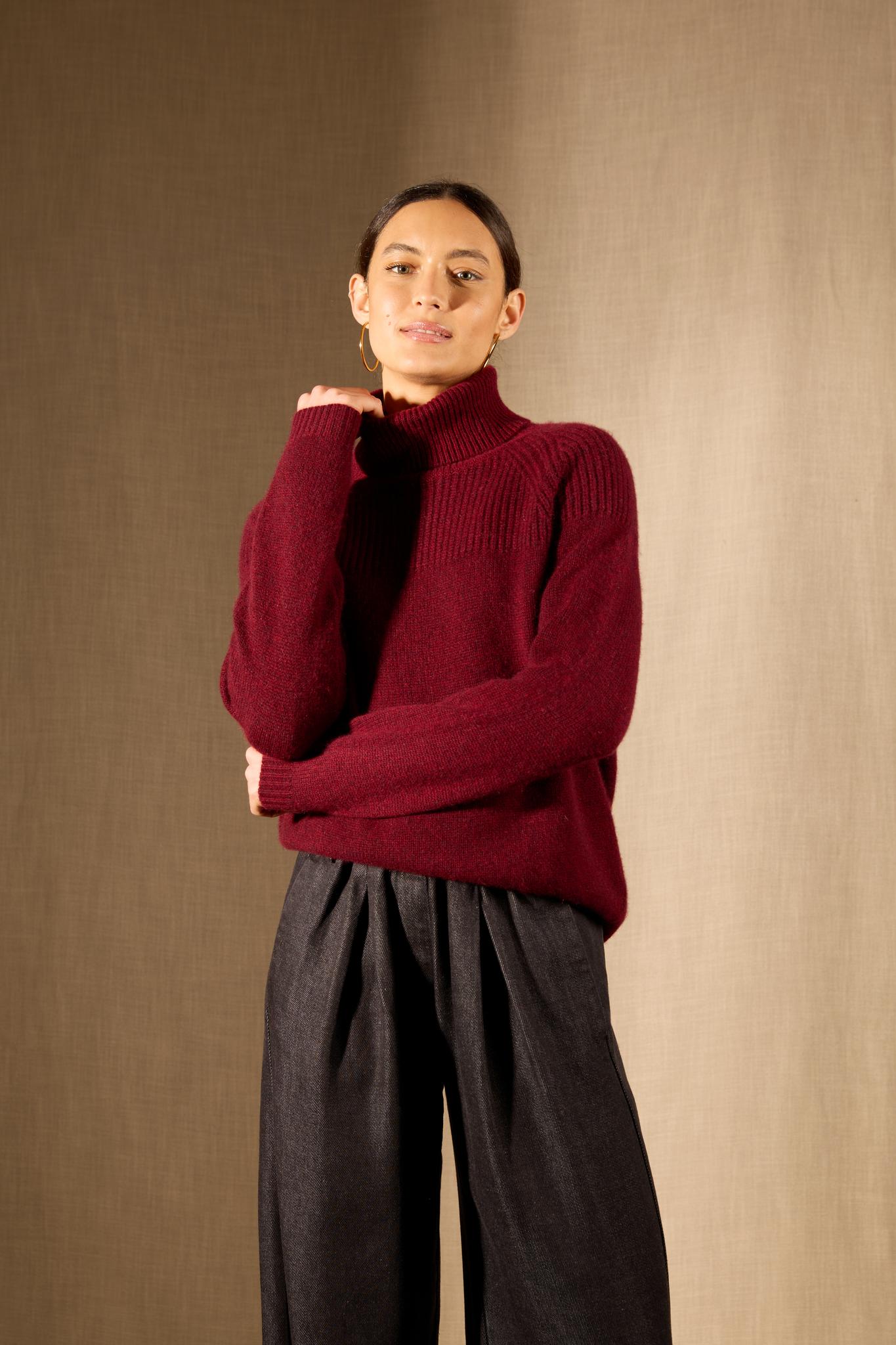MANESES pull col roulé 6 fils cranberry chiné 100% cachemire
