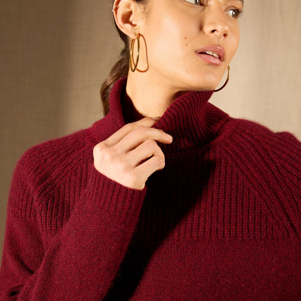 MANESES pull col roulé 6 fils cranberry chiné 100% cachemire