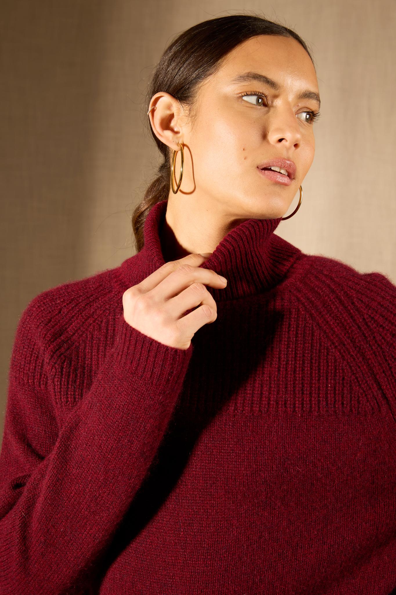 MANESES pull col roulé 6 fils cranberry chiné 100% cachemire