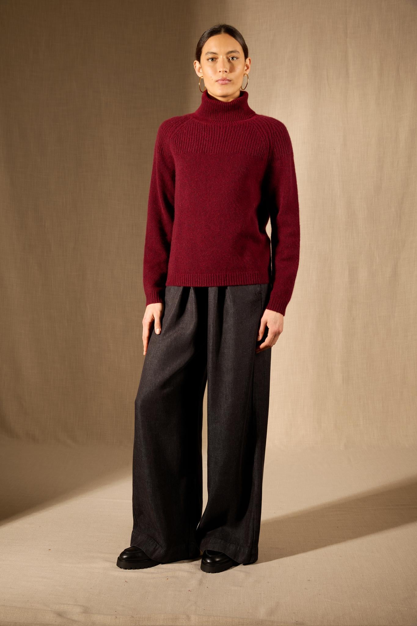 MANESES pull col roulé 6 fils cranberry chiné 100% cachemire