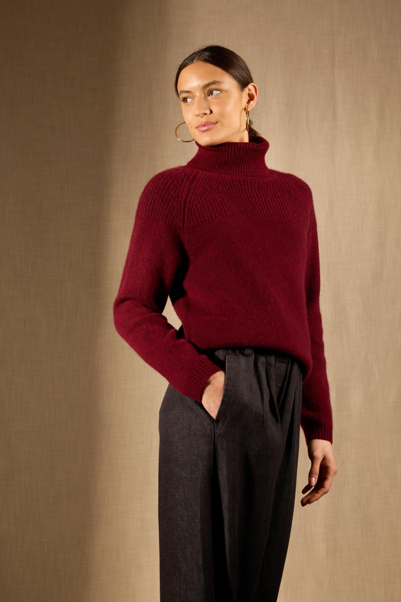 MANESES pull col roulé 6 fils cranberry chiné 100% cachemire