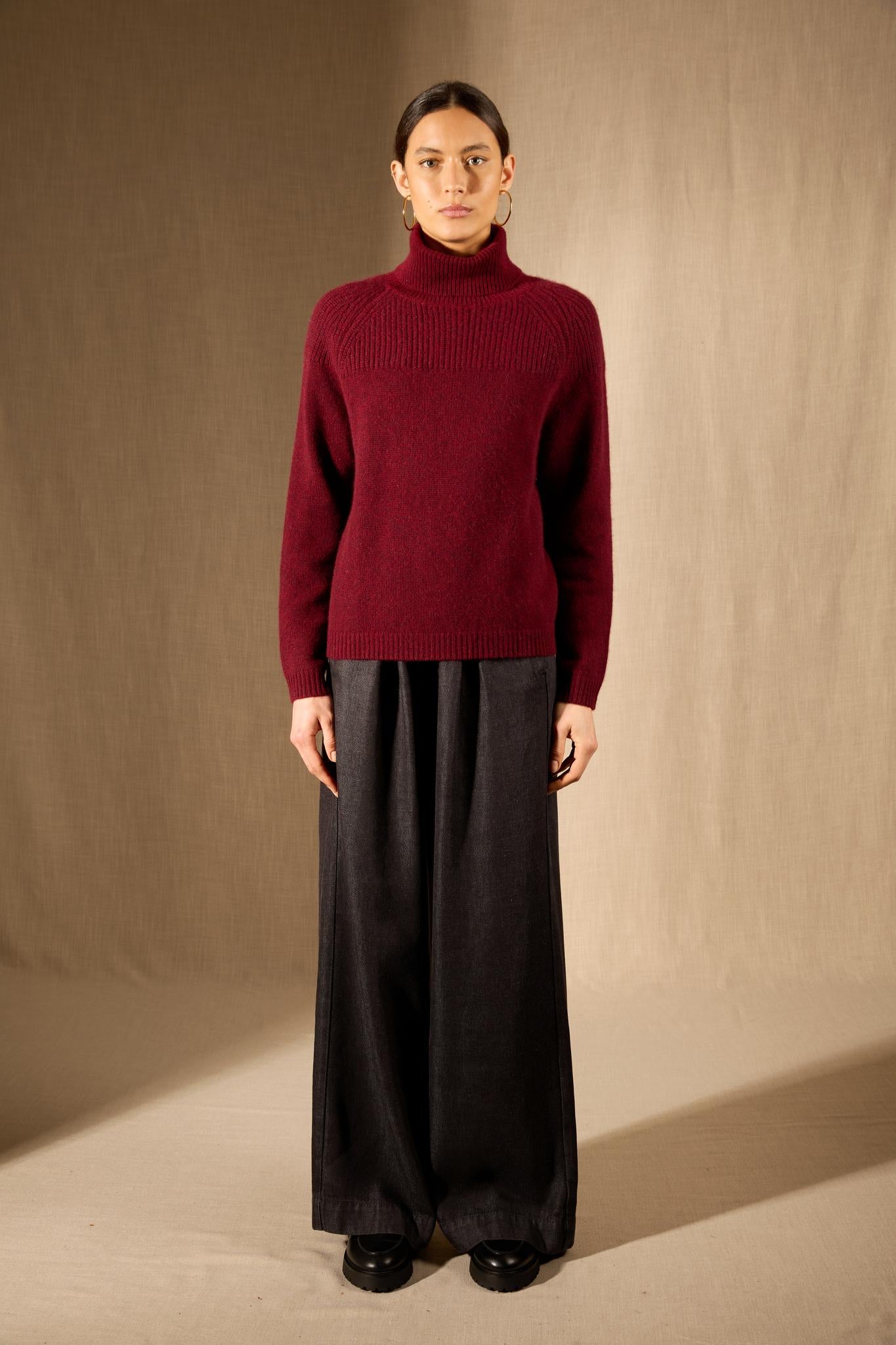MANESES pull col roulé 6 fils cranberry chiné 100% cachemire
