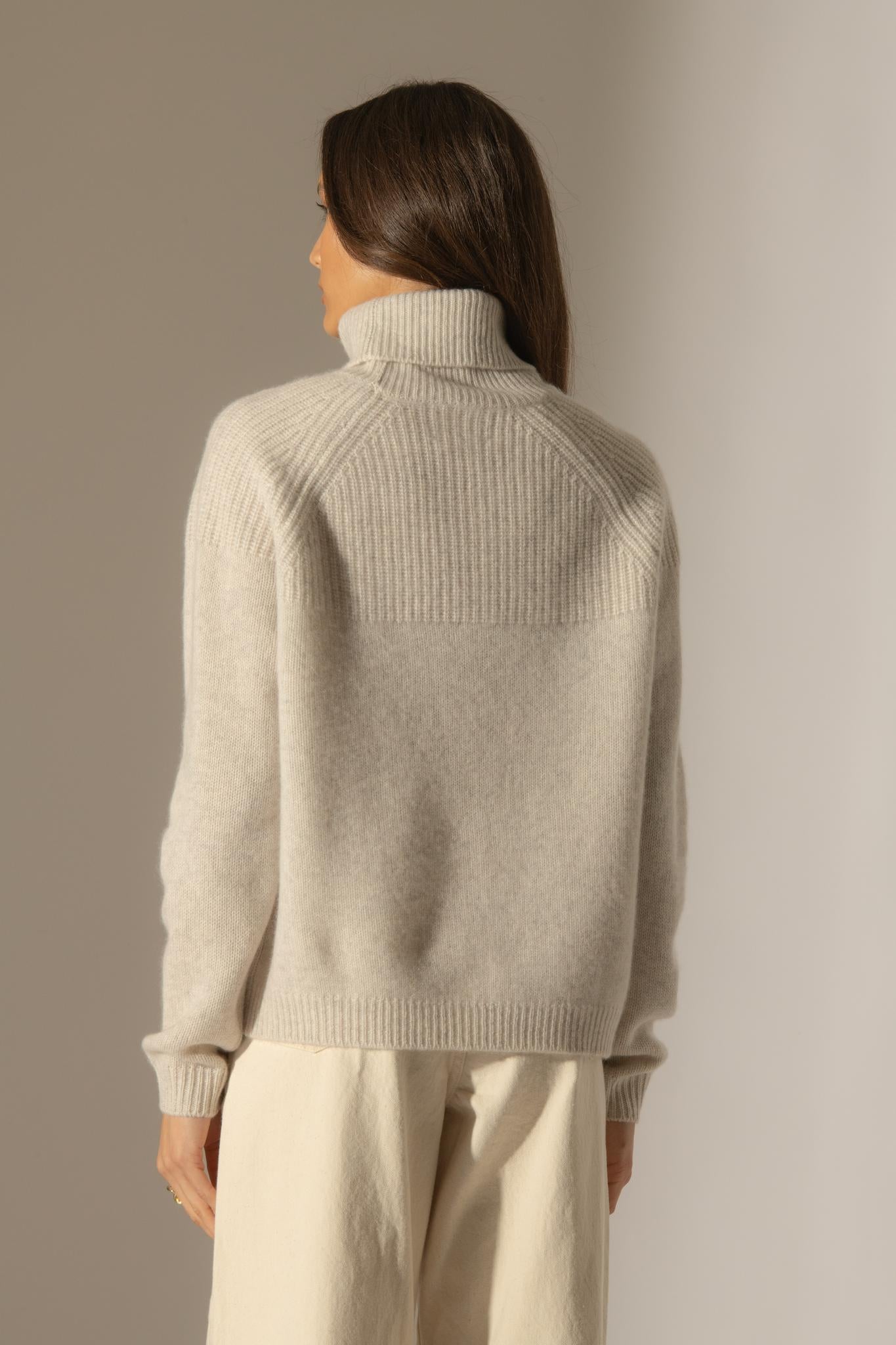 MANESES pull col roulé 6 fils gris perle chiné 100% cachemire