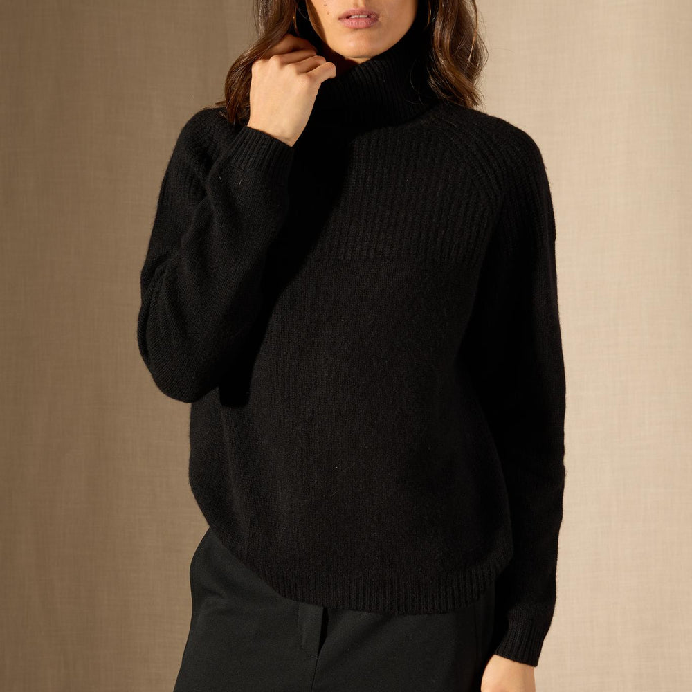 MANESES pull col roulé 6 fils noir 100% cachemire