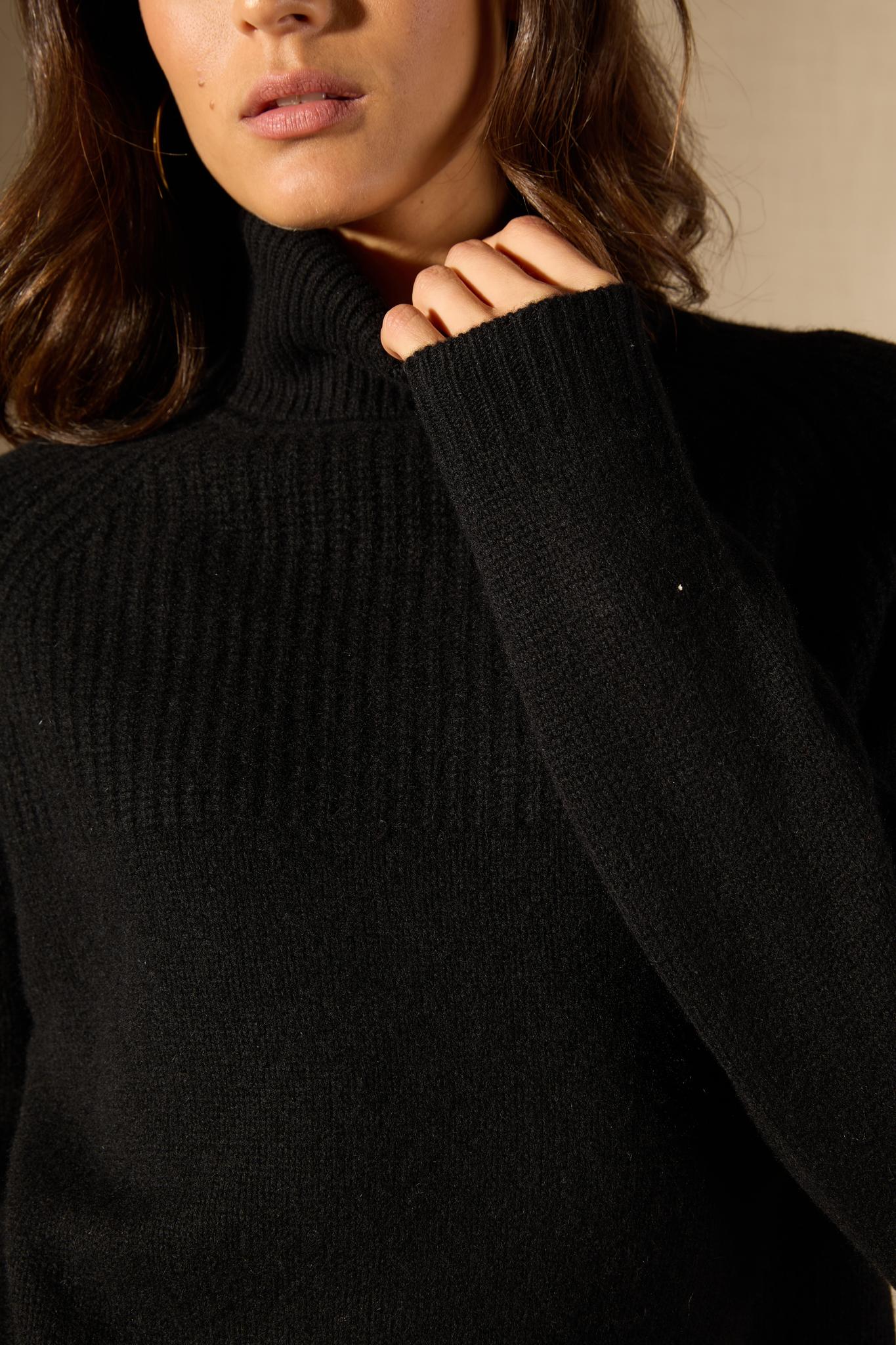 MANESES pull col roulé 6 fils noir 100% cachemire