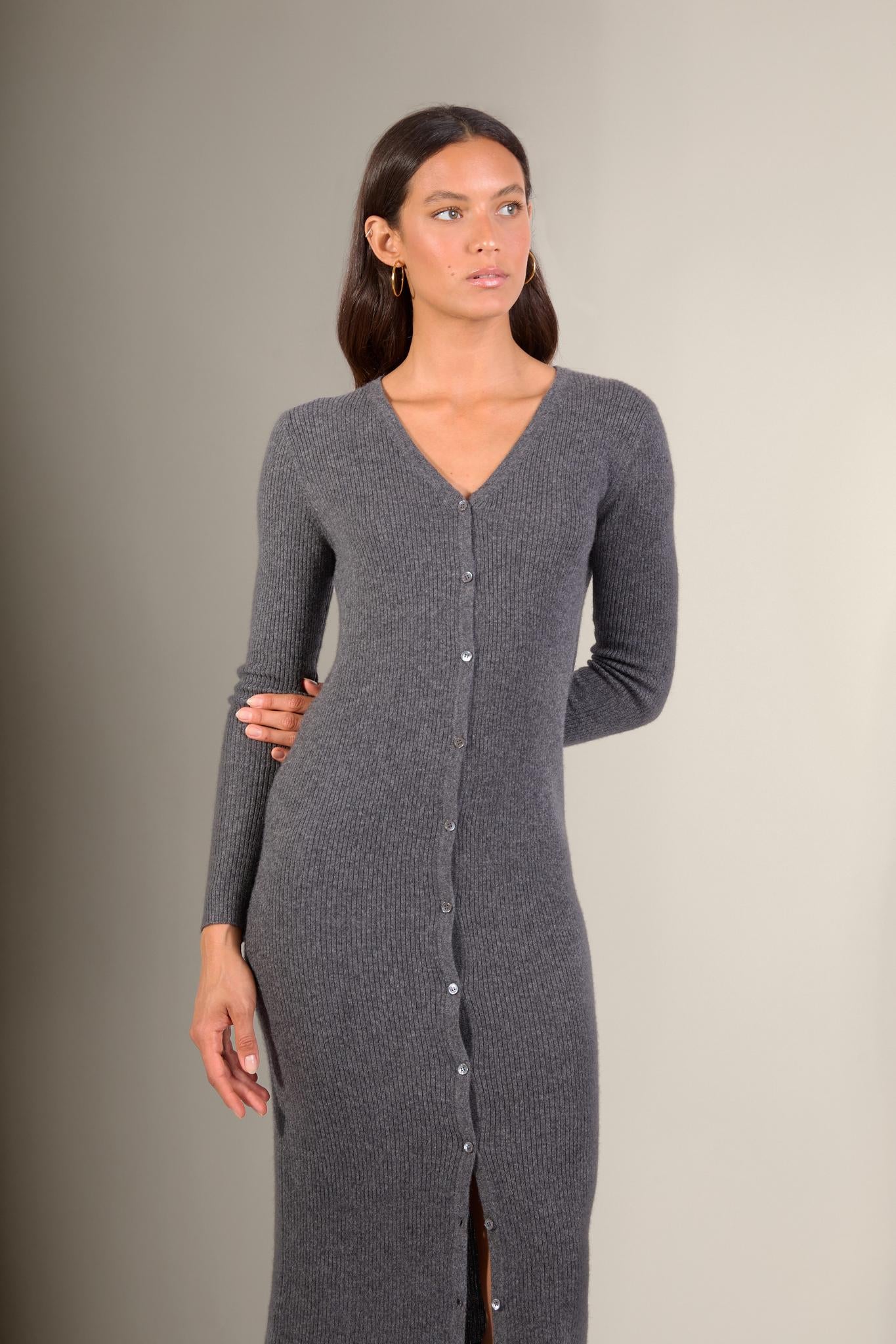 MARIA robe boutonnée col v anthracite chiné 100% cachemire