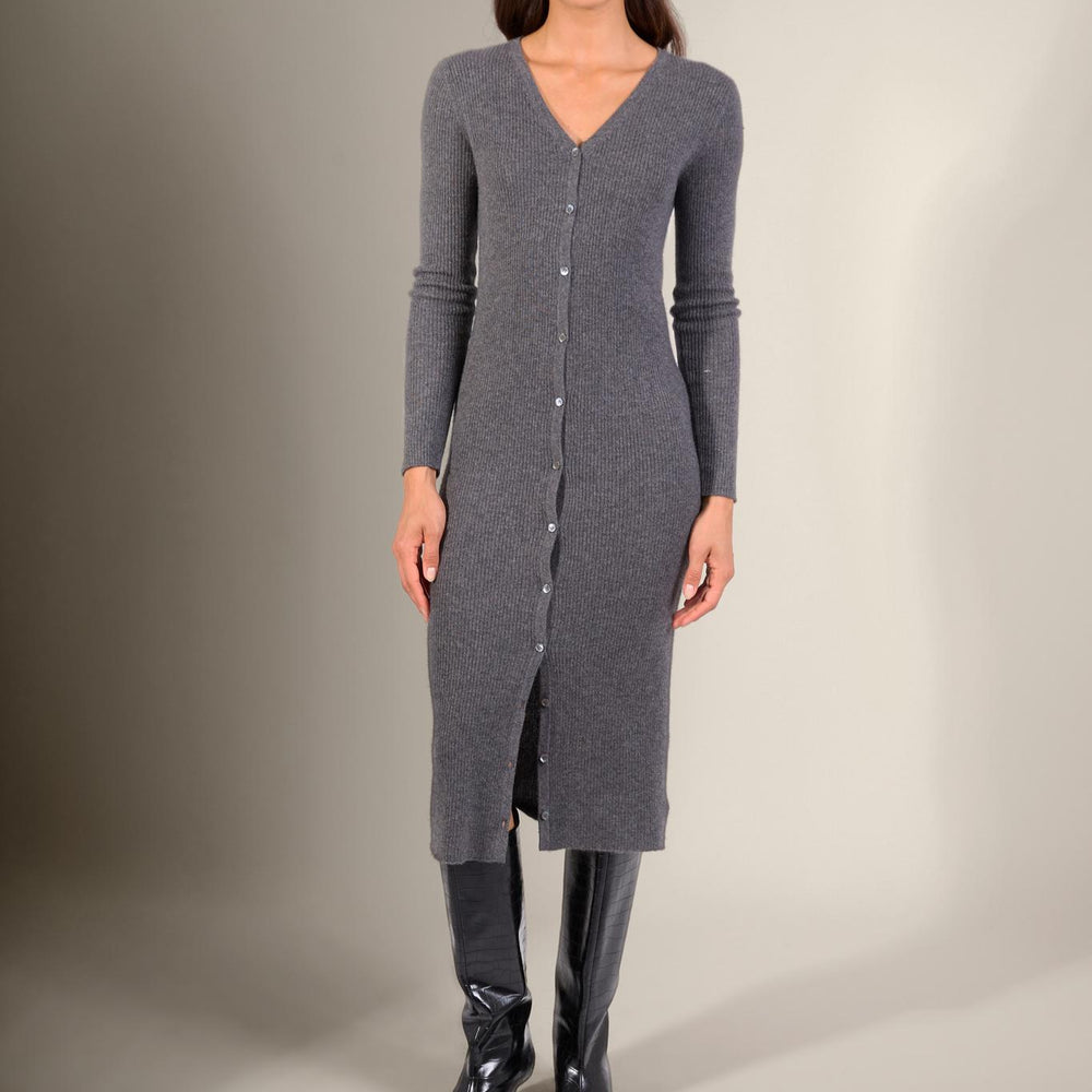 MARIA robe boutonnée col v anthracite chiné 100% cachemire