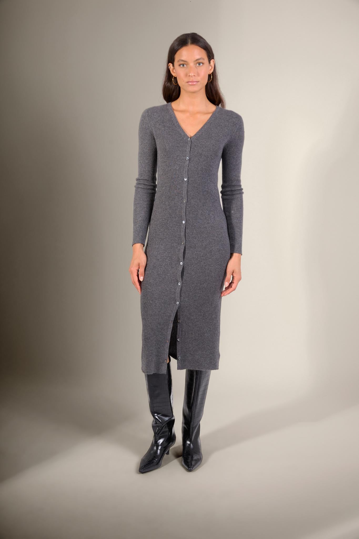 MARIA robe boutonnée col v anthracite chiné 100% cachemire