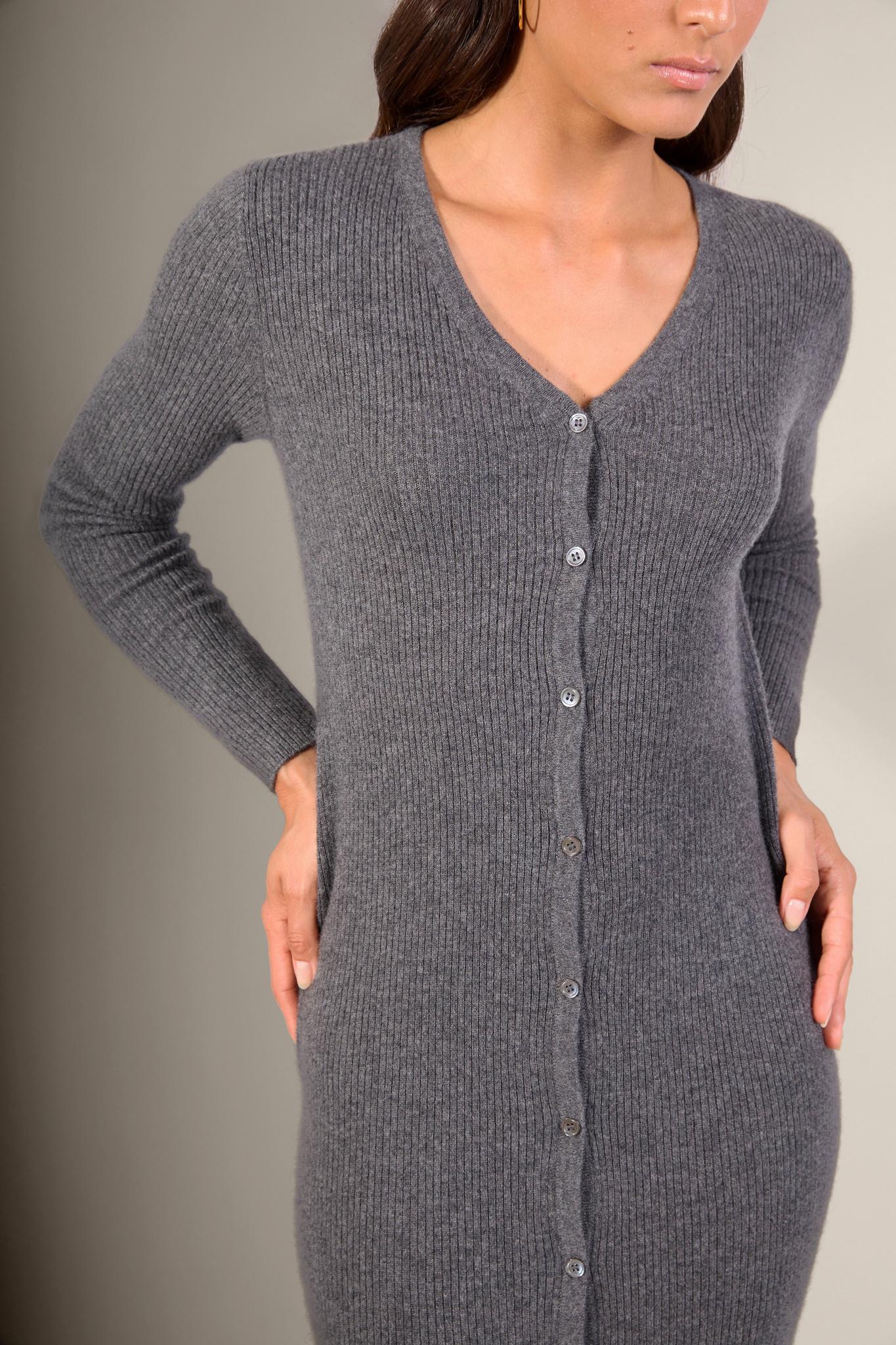 MARIA robe boutonnée col v anthracite chiné 100% cachemire