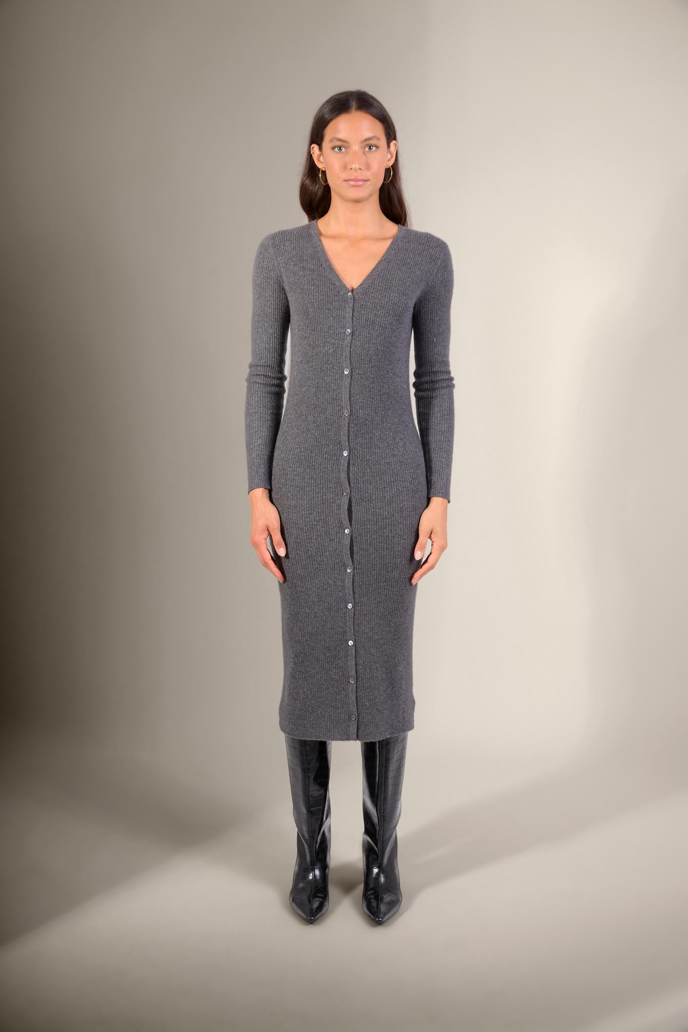MARIA robe boutonnée col v anthracite chiné 100% cachemire