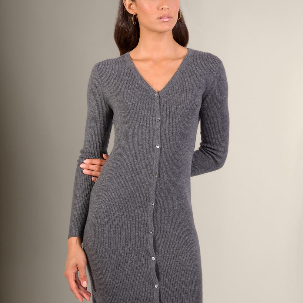 maria robe boutonnée col v anthracite chiné 100% cachemire