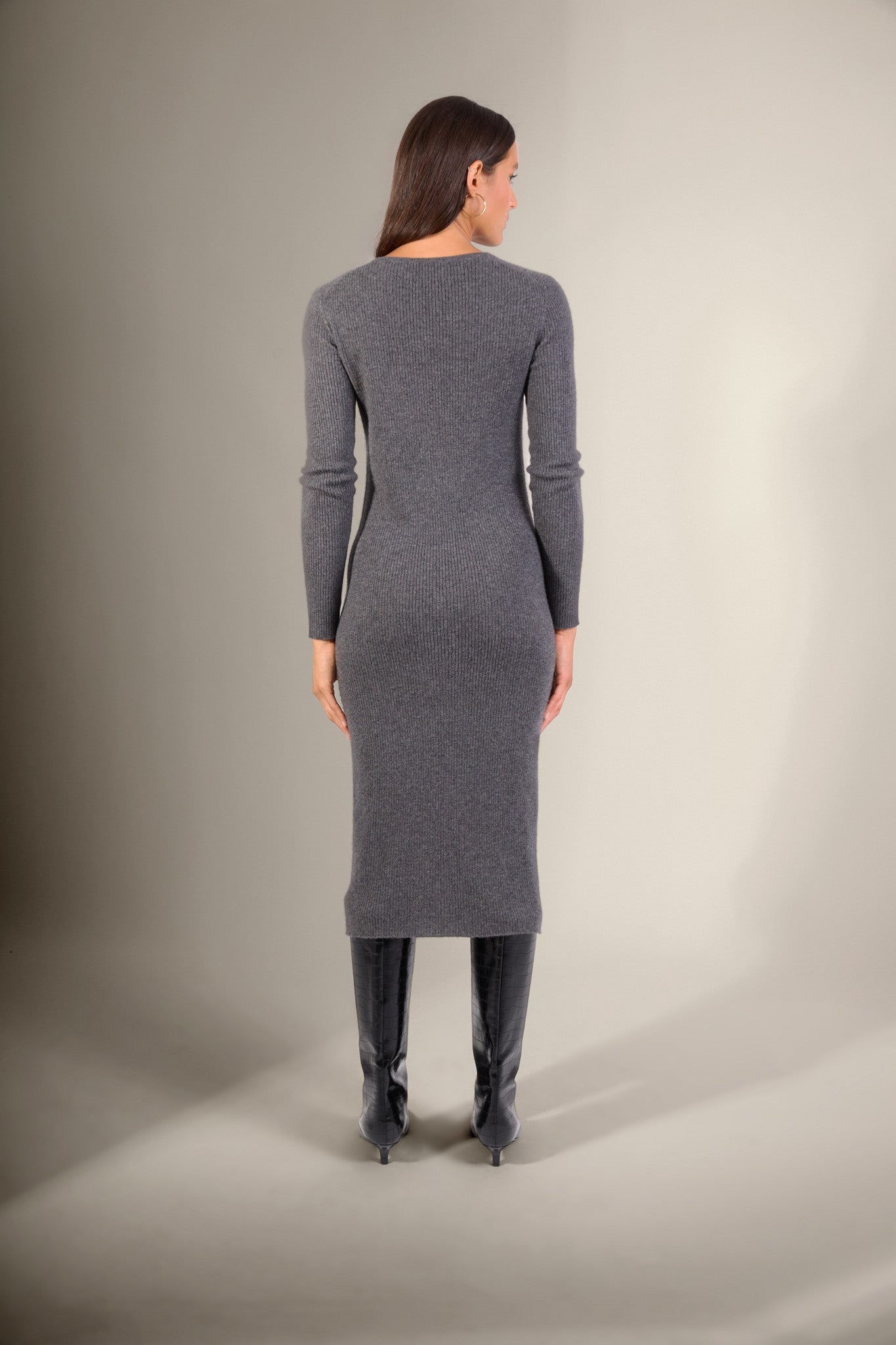 maria robe boutonnée col v anthracite chiné 100% cachemire