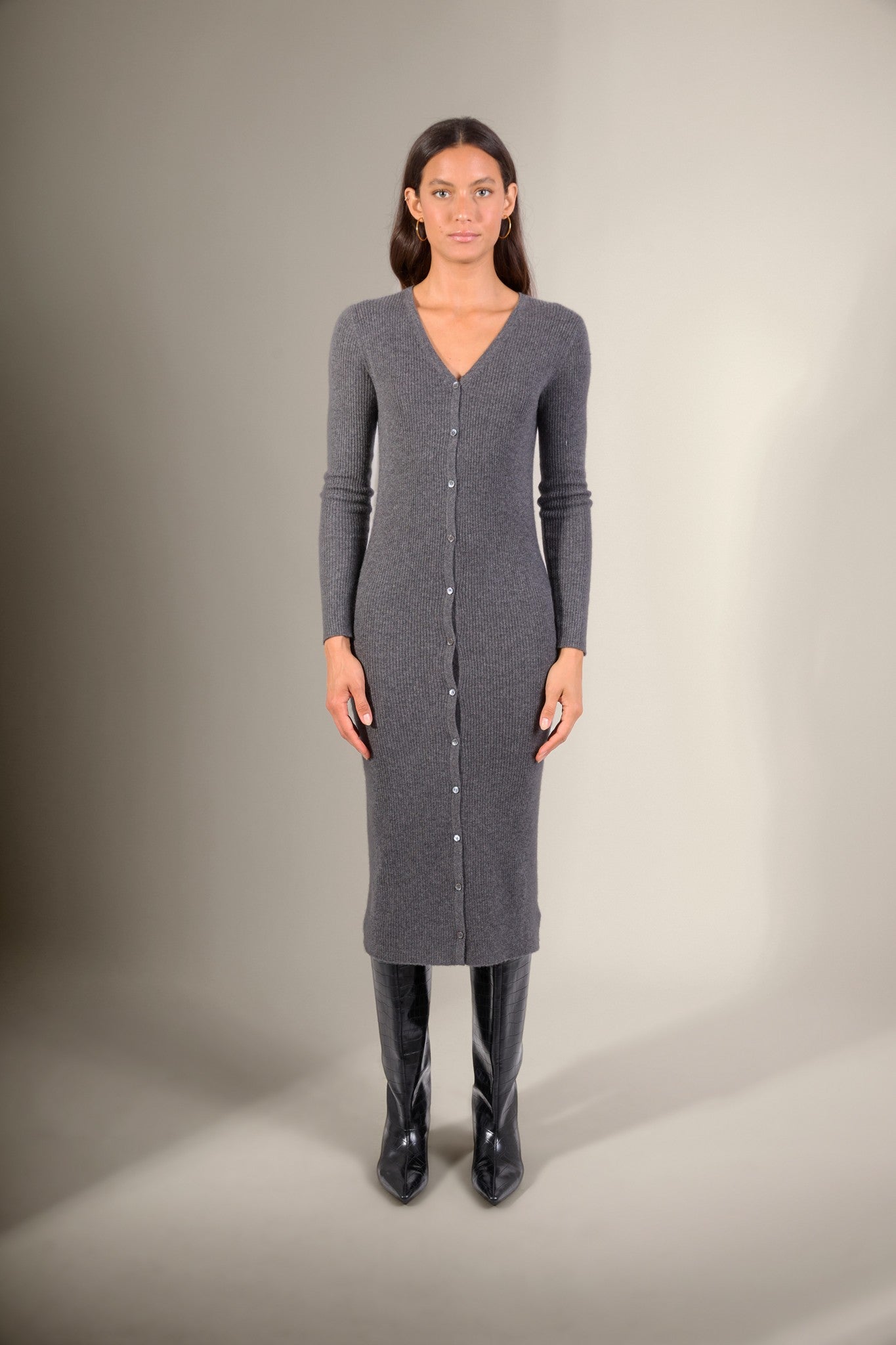 maria robe boutonnée col v anthracite chiné 100% cachemire