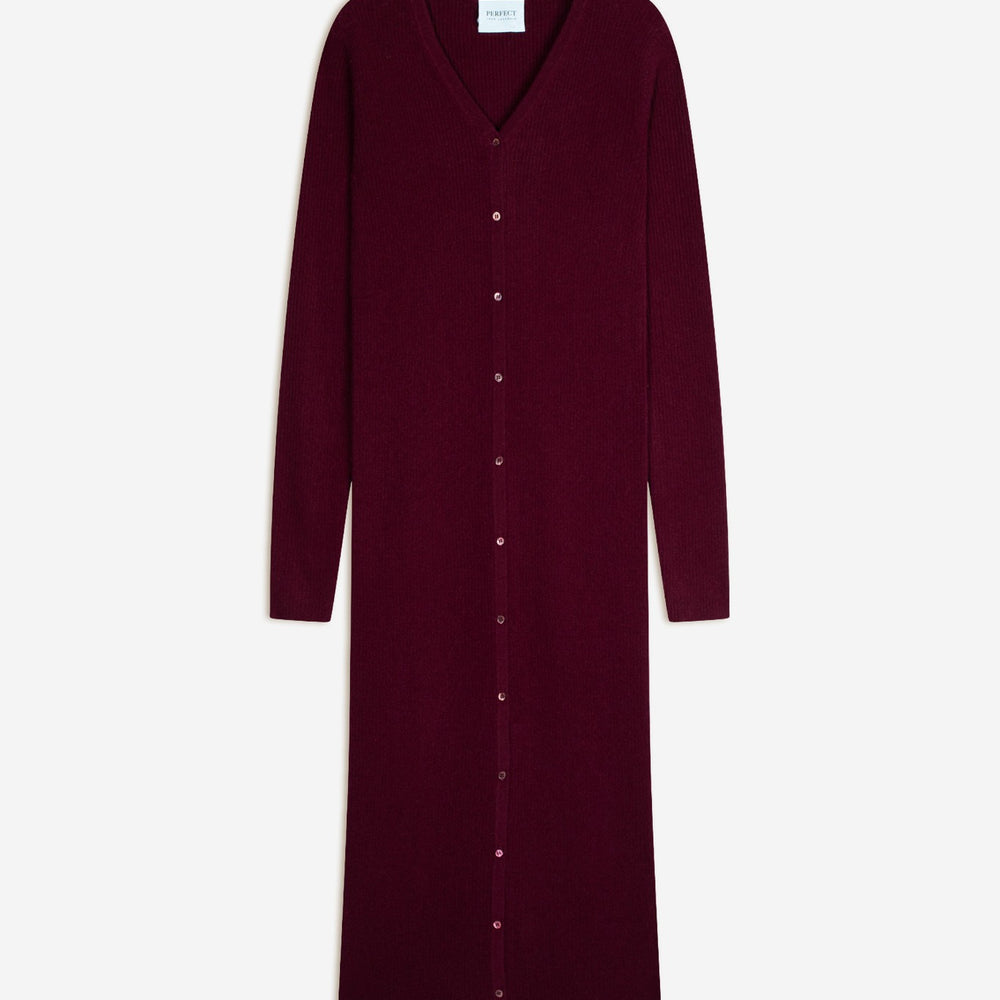 maria robe boutonnée col v bordeaux 100% cachemire