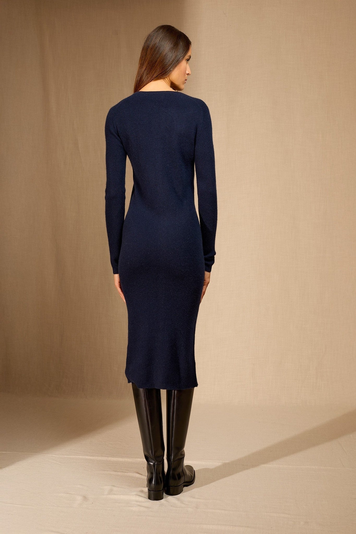 maria robe boutonnée col v navy 100% cachemire