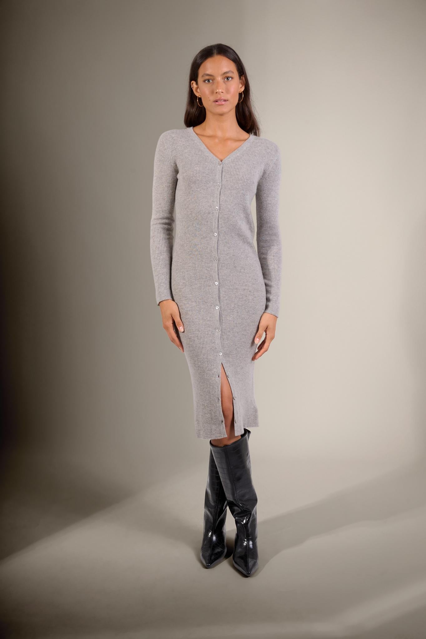 MARIA robe boutonnée col v nuage chiné 100% cachemire