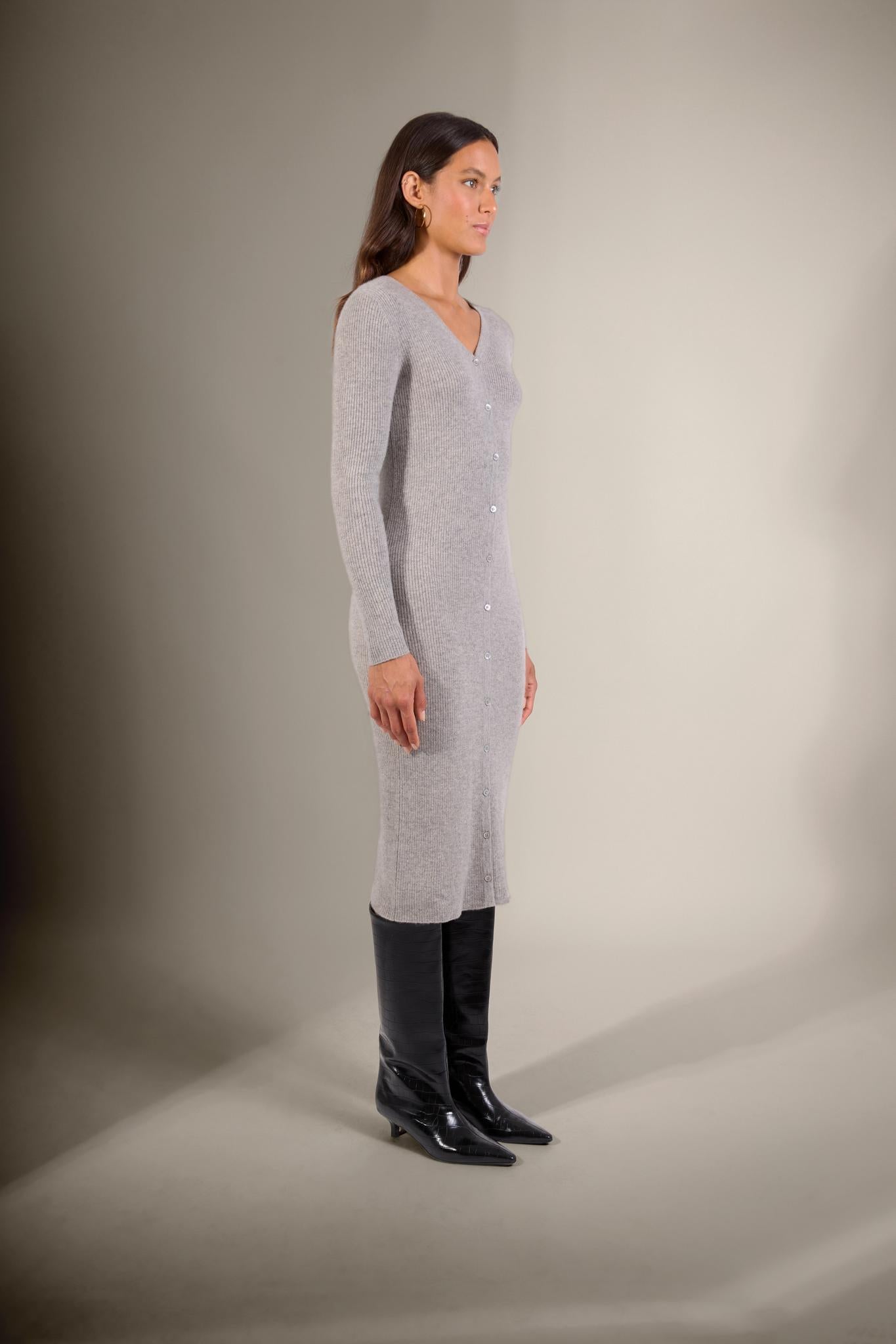 MARIA robe boutonnée col v nuage chiné 100% cachemire