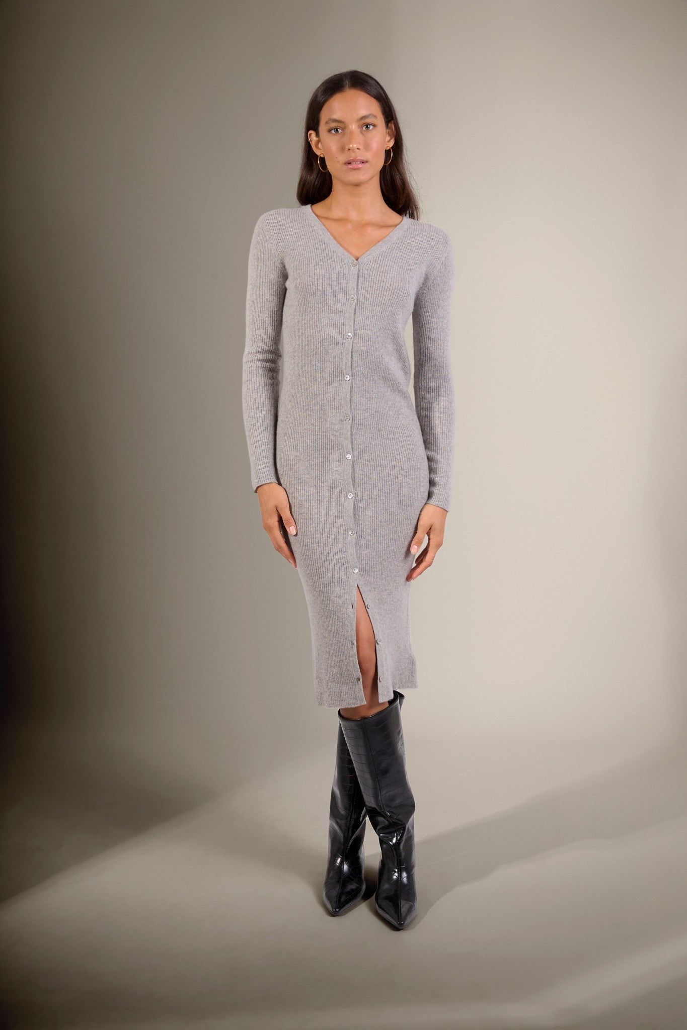 maria robe boutonnée col v nuage chiné 100% cachemire