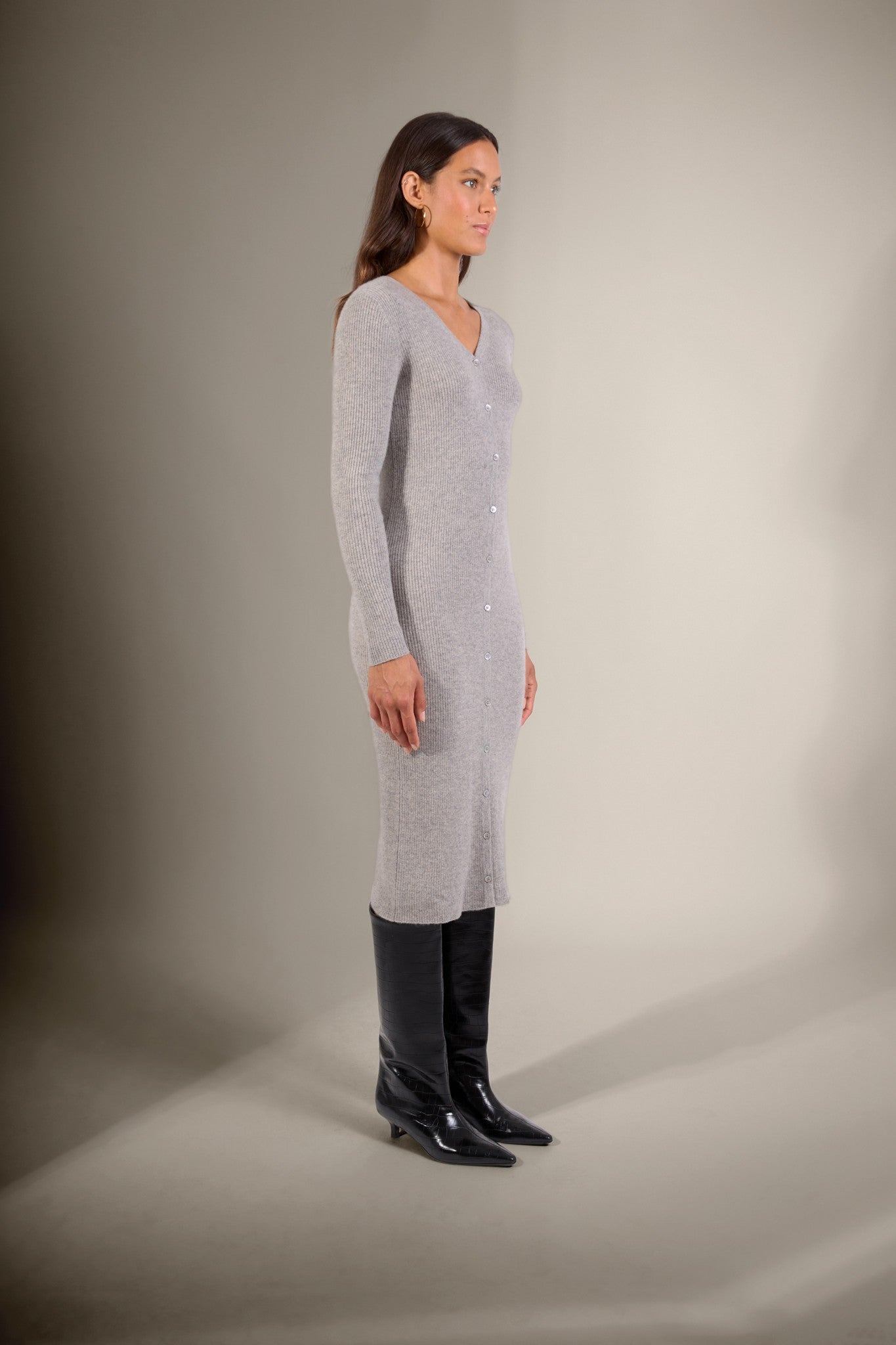 maria robe boutonnée col v nuage chiné 100% cachemire