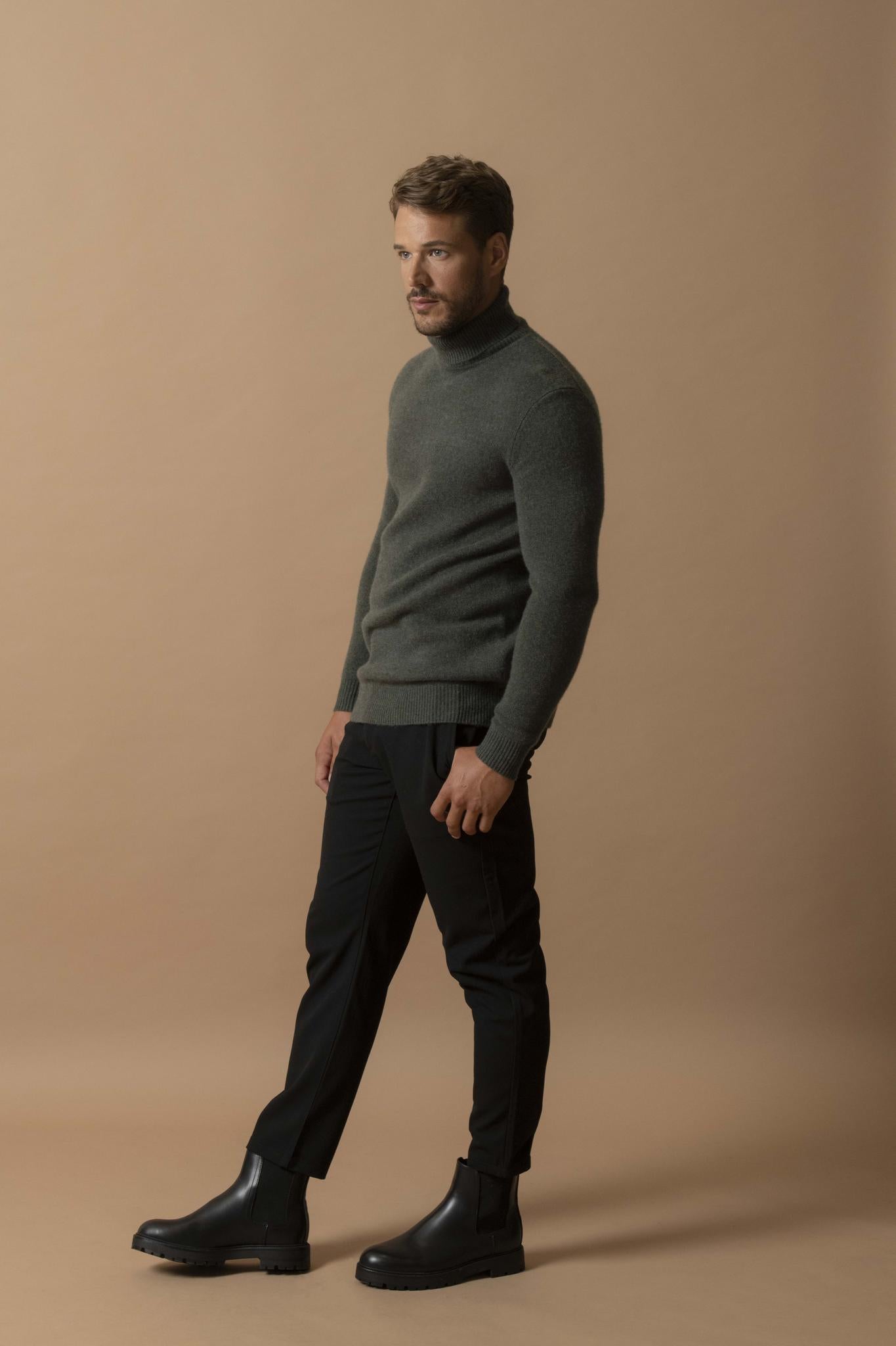MARIUS pull col roulé 4 fils kaki chiné 100% cachemire