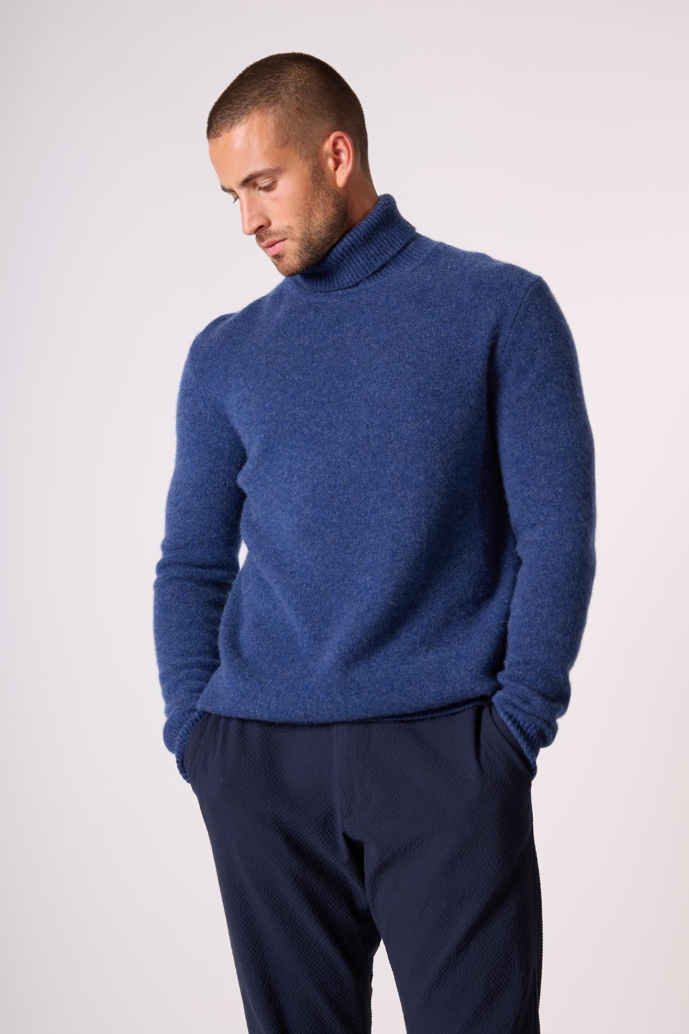MARIUS pull col roulé 4 fils ocean chiné 100% cachemire