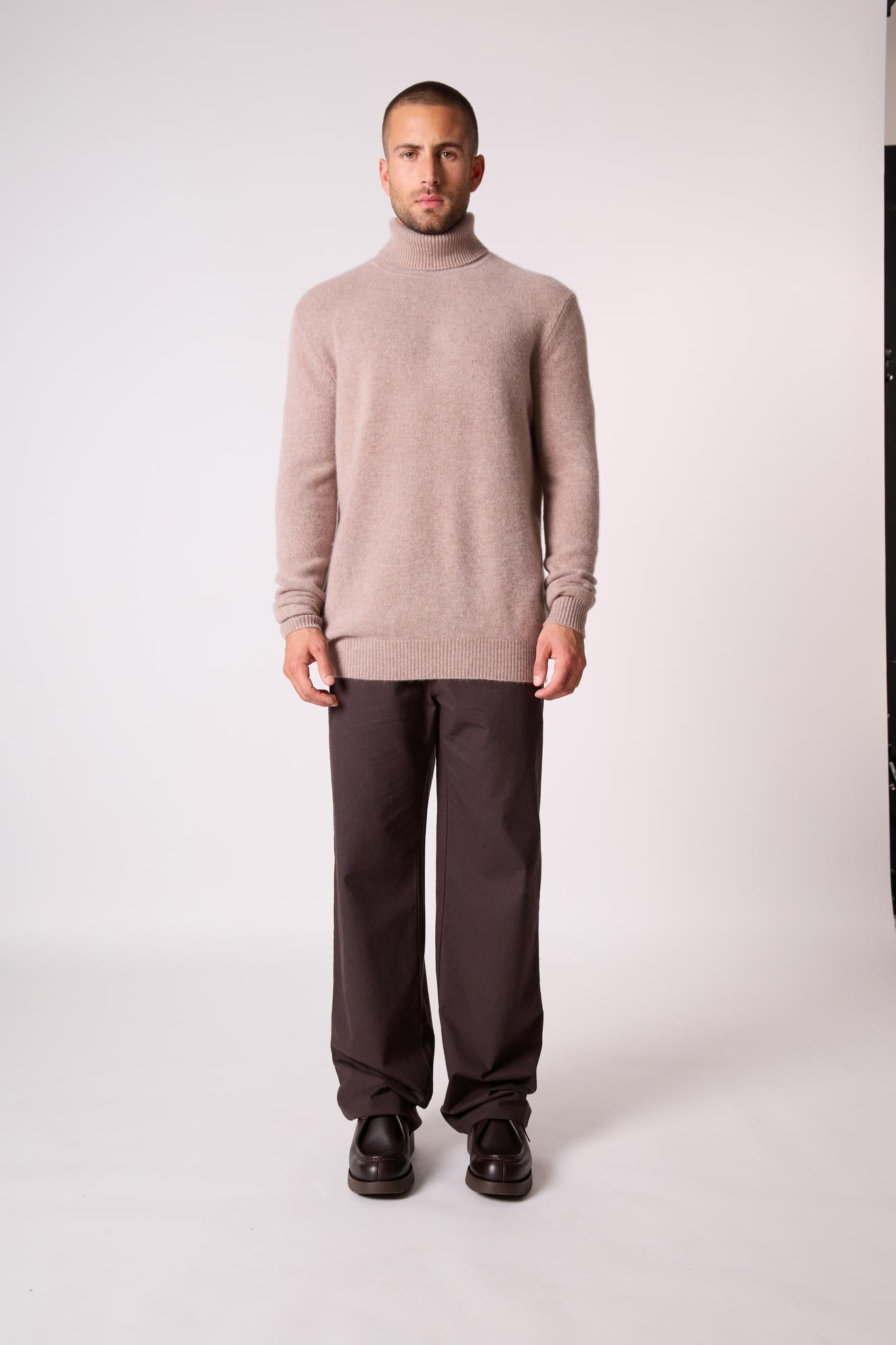 MARIUS pull col roulé 4 fils taupe clair chiné 100% cachemire