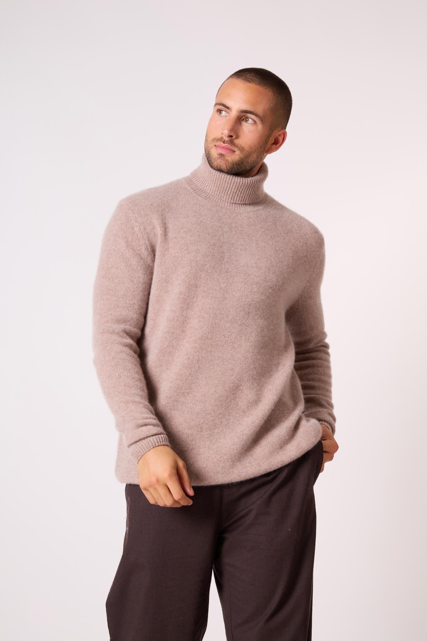 MARIUS pull col roulé 4 fils taupe clair chiné 100% cachemire