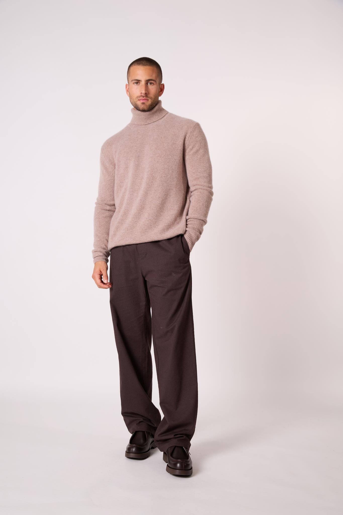 MARIUS pull col roulé 4 fils taupe clair chiné 100% cachemire