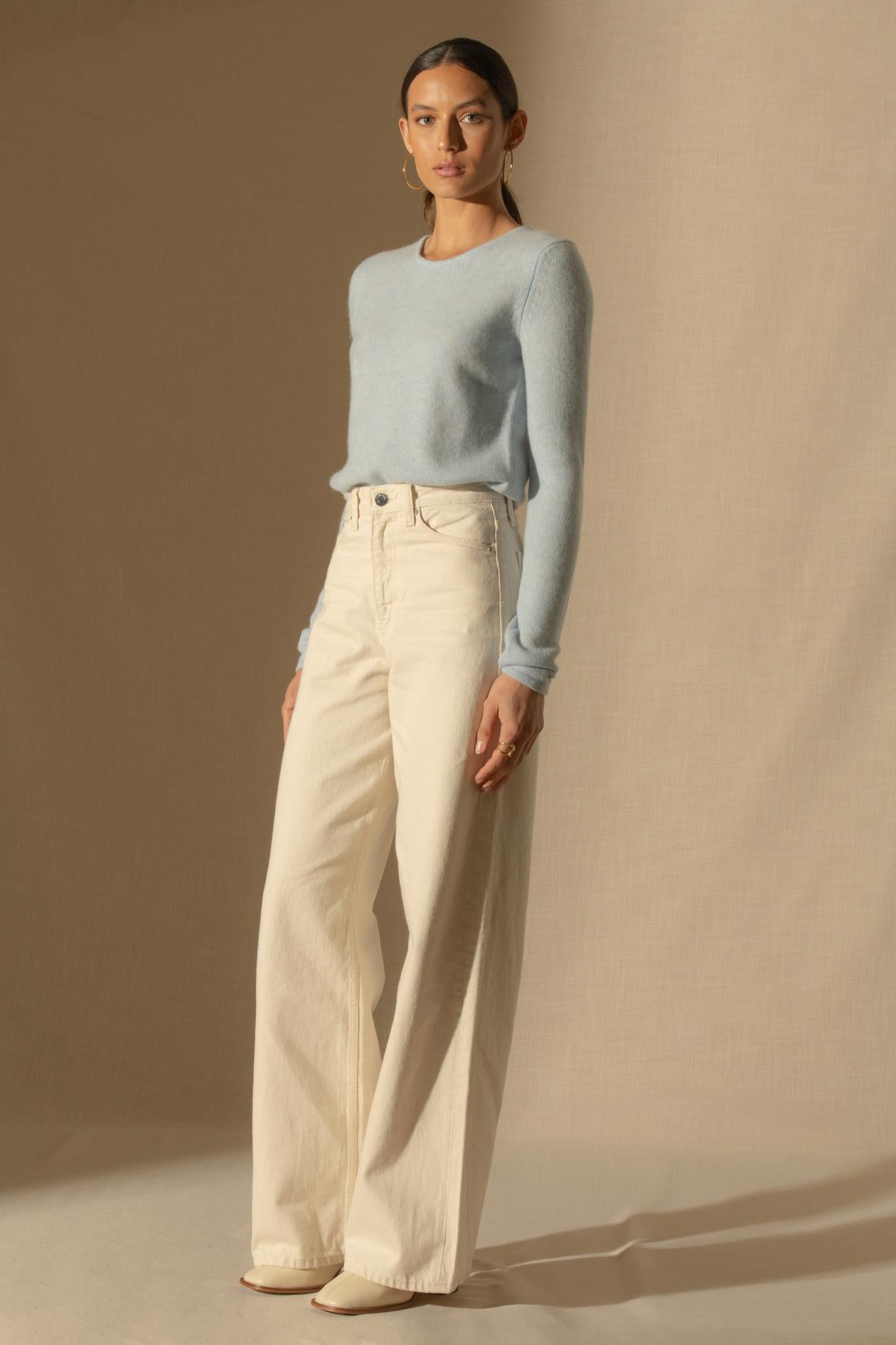 MARYA pull col rond 4 fils bleu clair chiné 100% cachemire