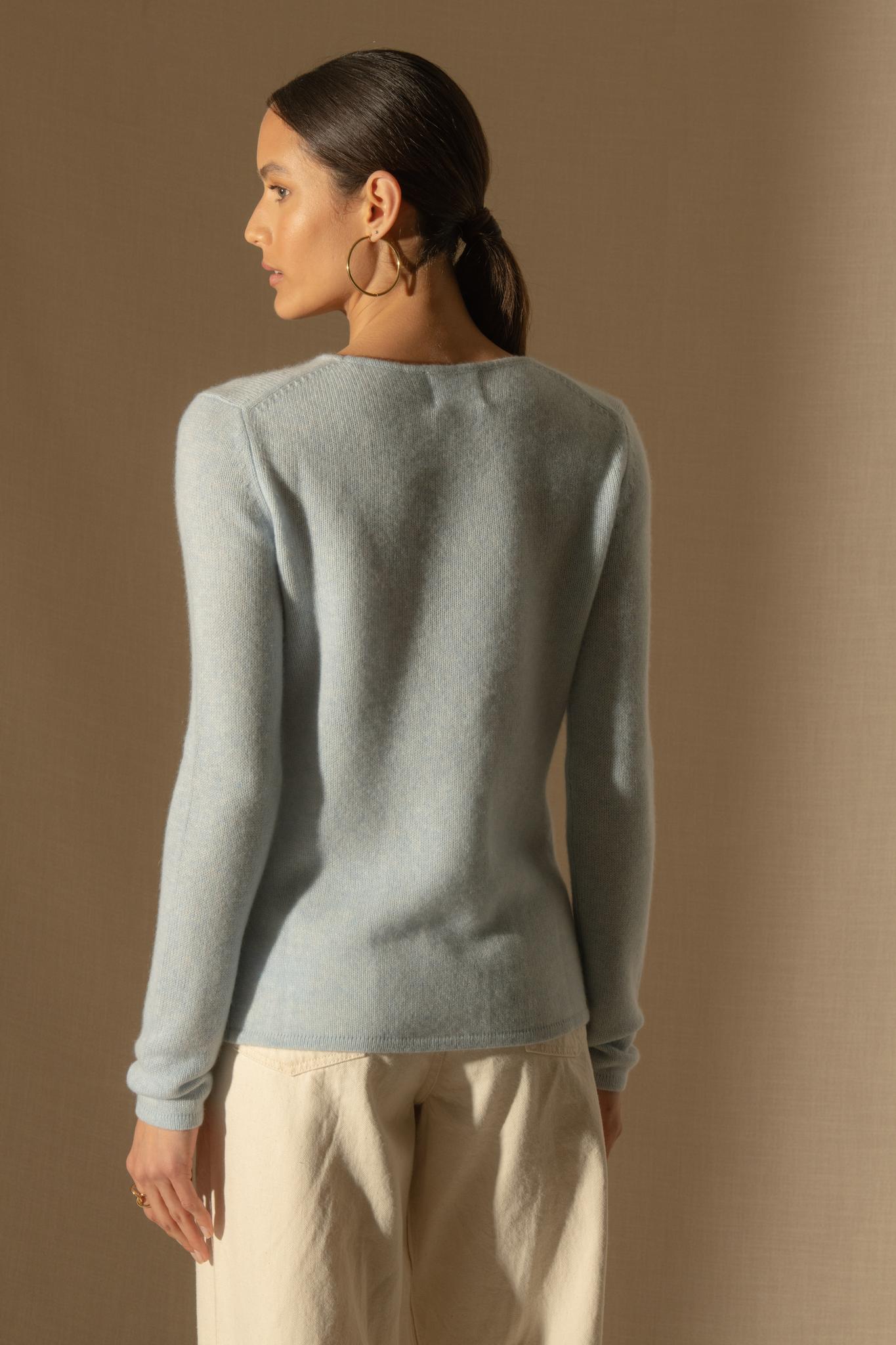 MARYA pull col rond 4 fils bleu clair chiné 100% cachemire