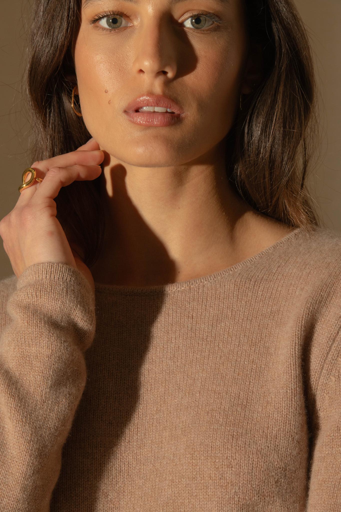 MARYA pull col rond 4 fils camel chiné 100% cachemire