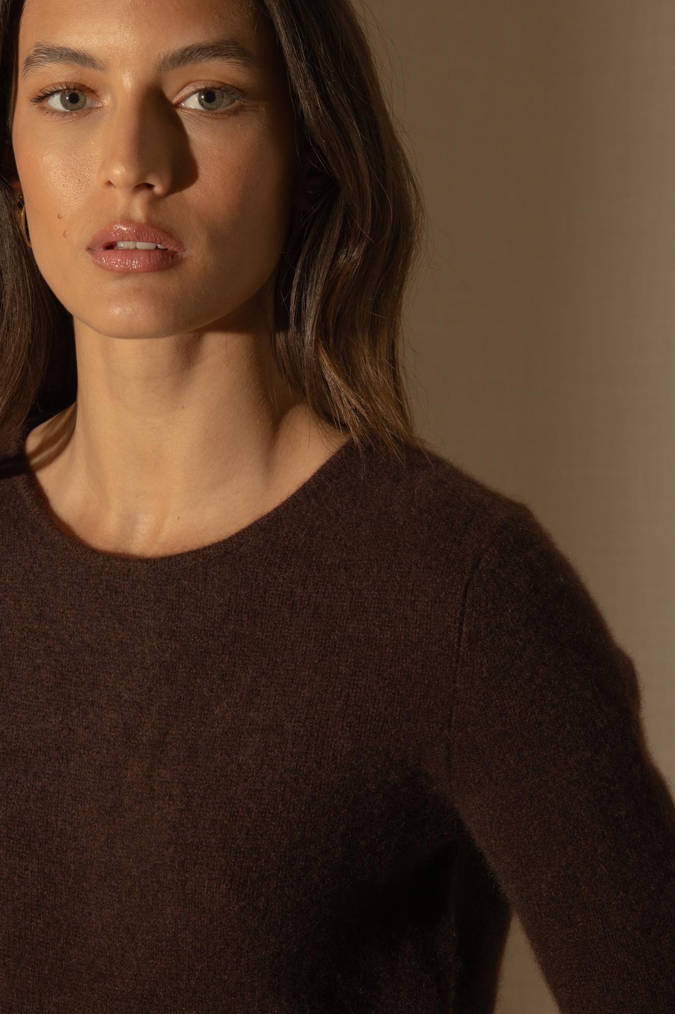 MARYA pull col rond 4 fils choco chiné 100% cachemire