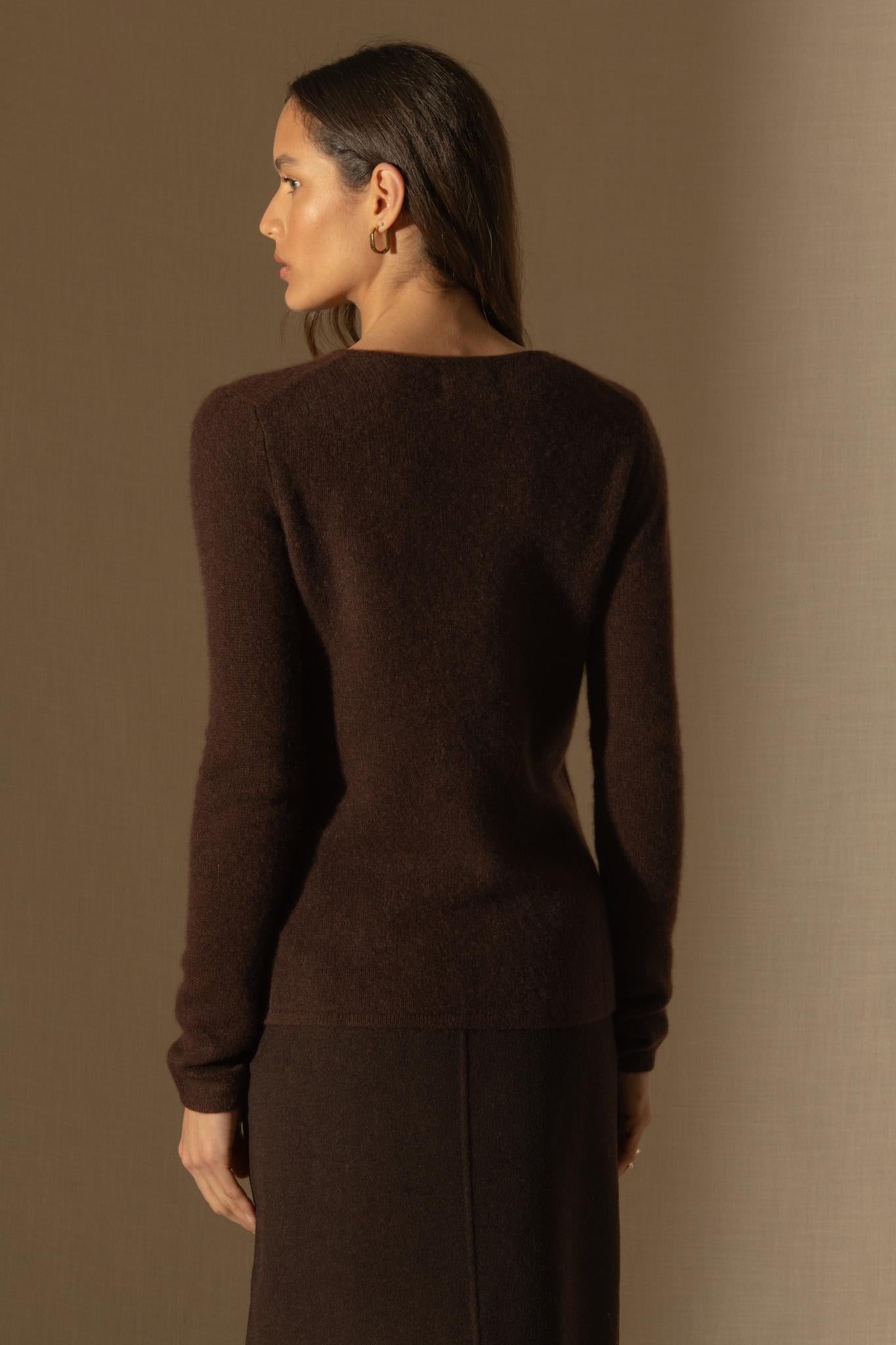 MARYA pull col rond 4 fils choco chiné 100% cachemire