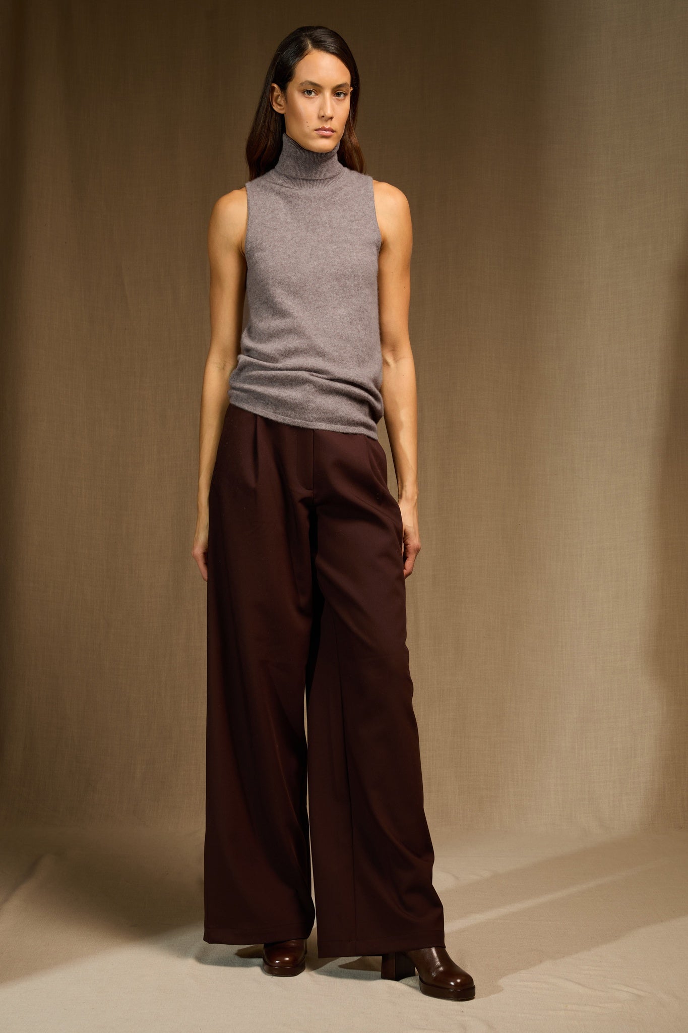 mary pull col roulé sans manches caribou chiné 100% cachemire