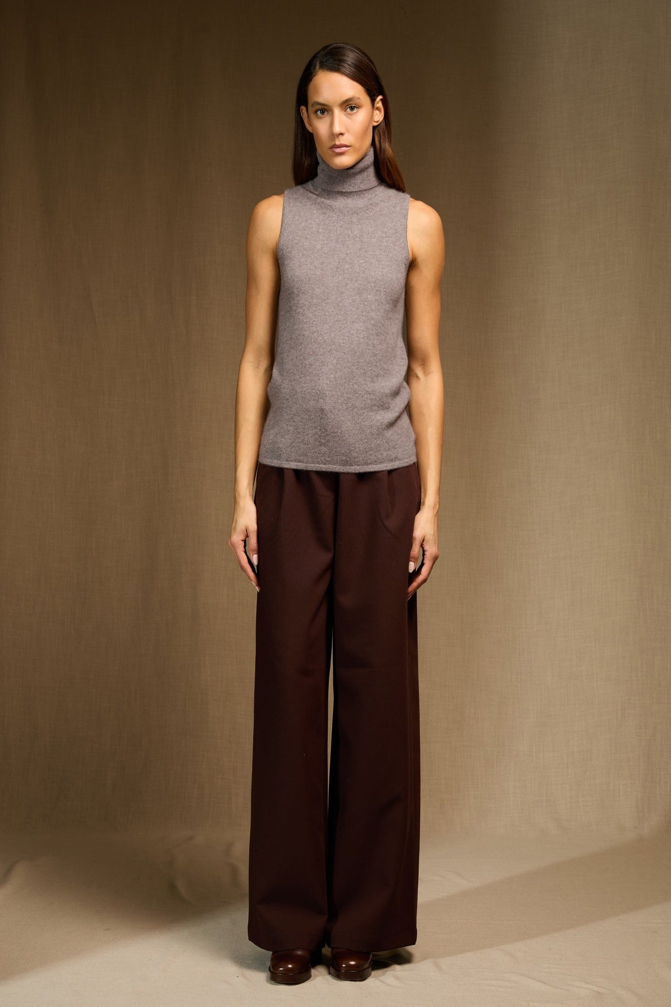 mary pull col roulé sans manches caribou chiné 100% cachemire