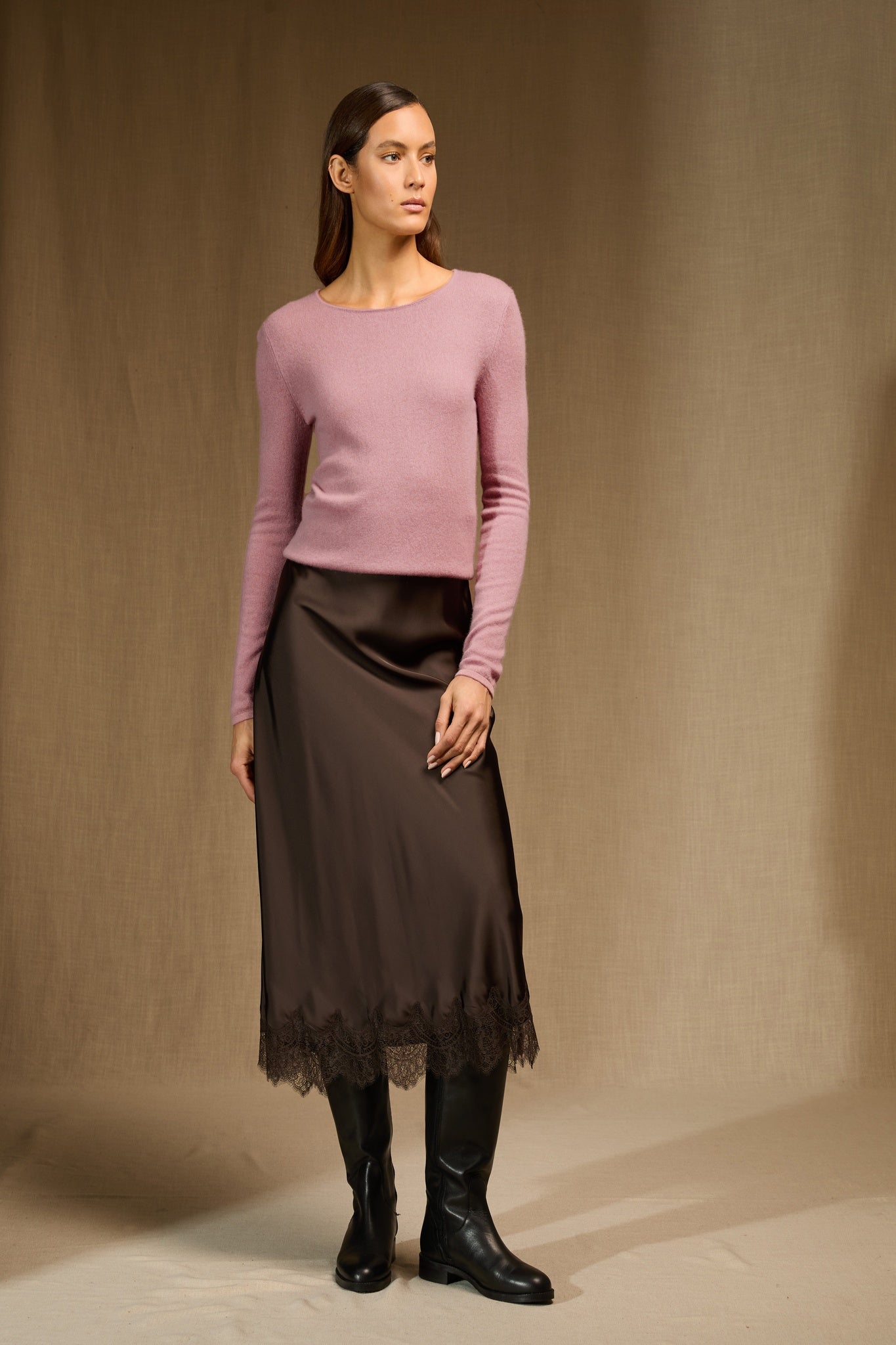 MEGAN pull col bateau bois de rose 100% cachemire