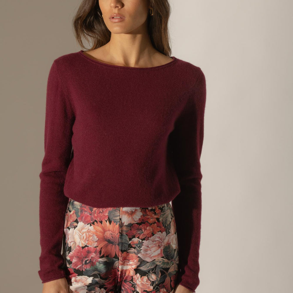 MEGAN pull col bateau bordeaux 100% cachemire