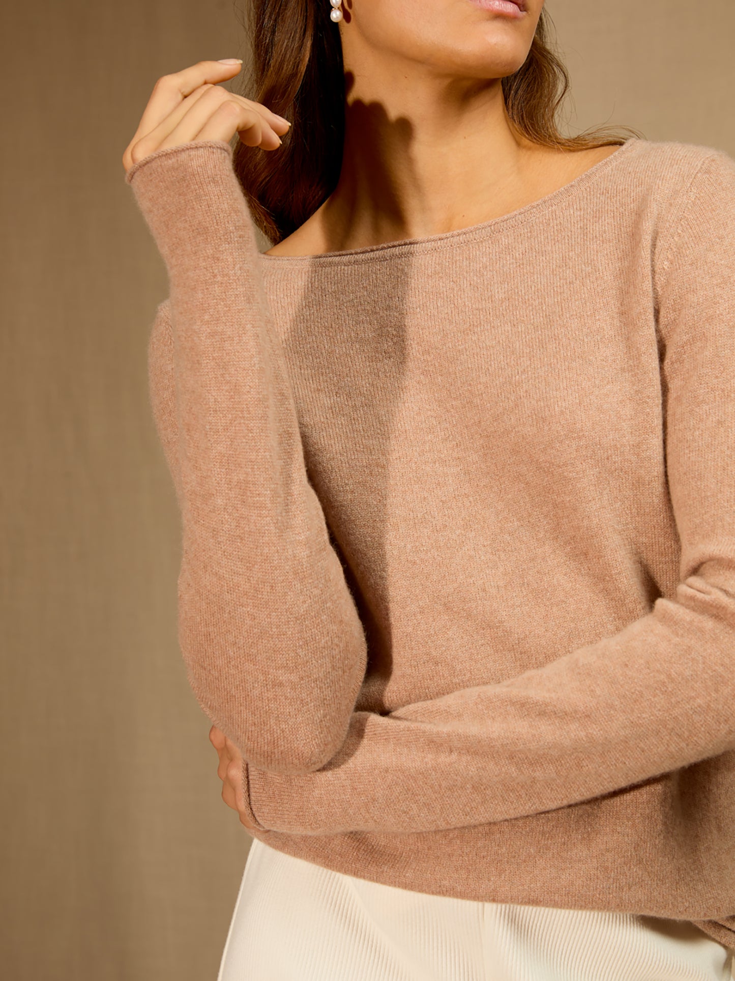 MEGAN pull col bateau camel chiné 100% cachemire