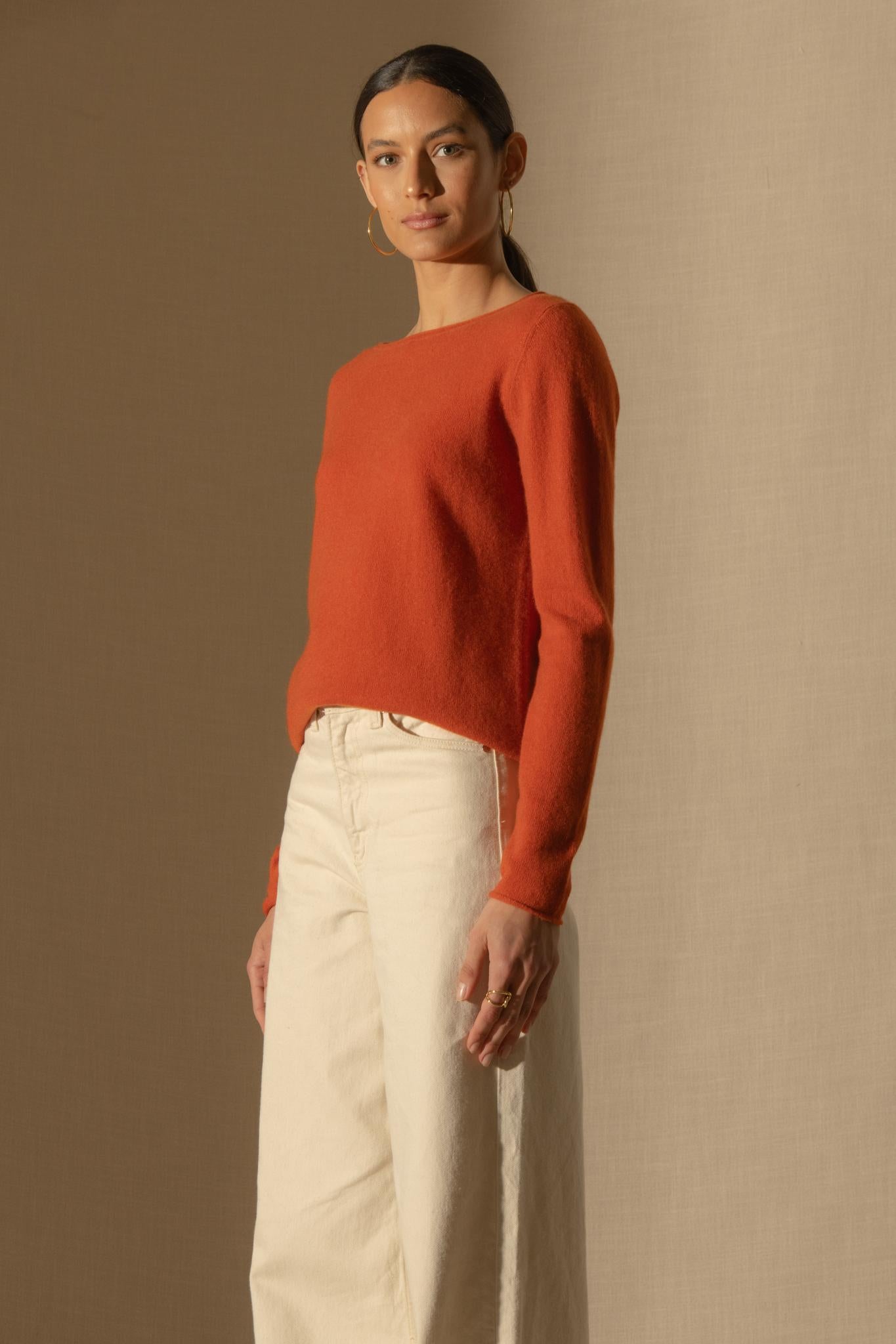 MEGAN pull col bateau safran 100% cachemire
