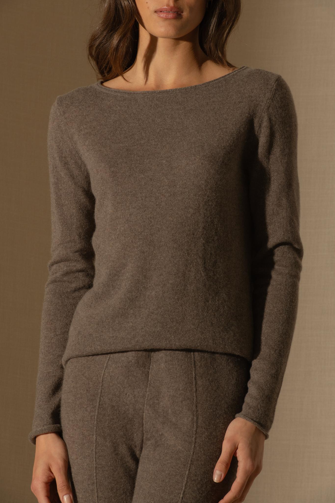 MEGAN pull col bateau taupe chiné 100% cachemire