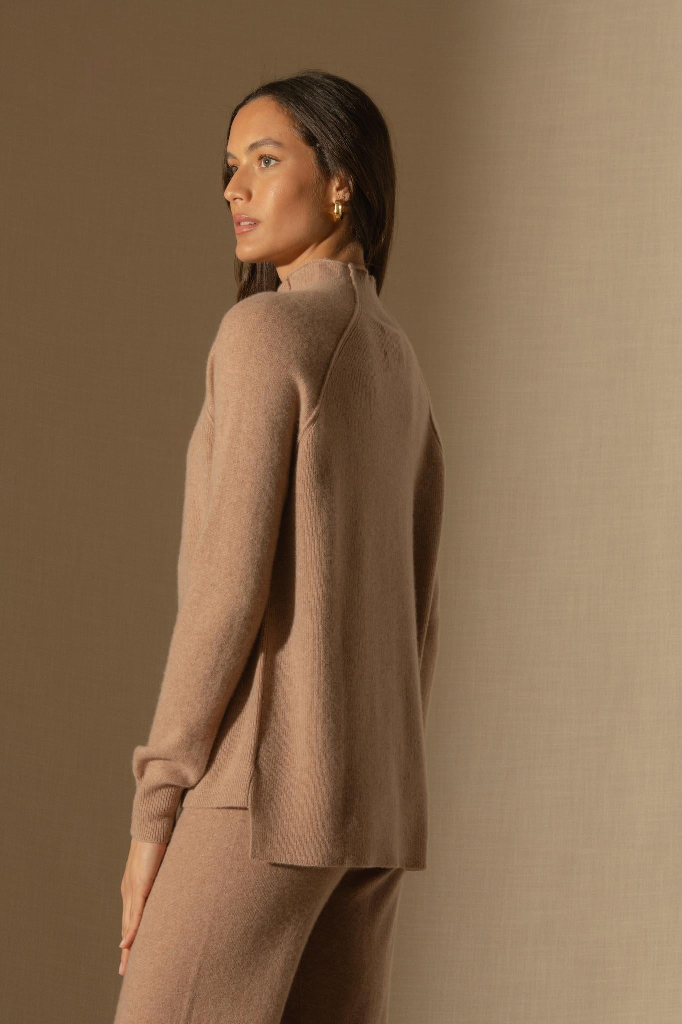 MOLLAYRA pull col montant camel chiné 100% cachemire