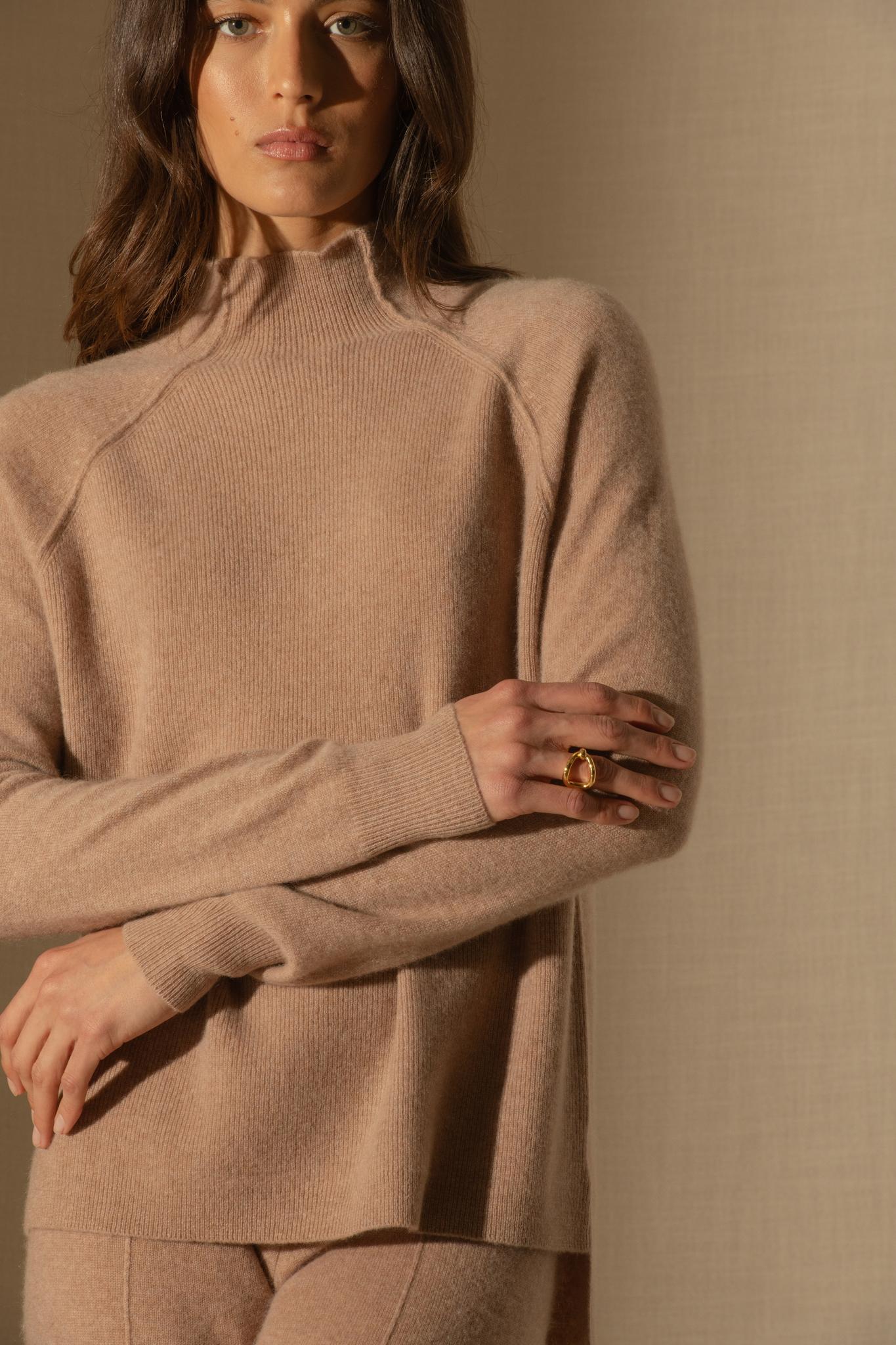 MOLLAYRA pull col montant camel chiné 100% cachemire