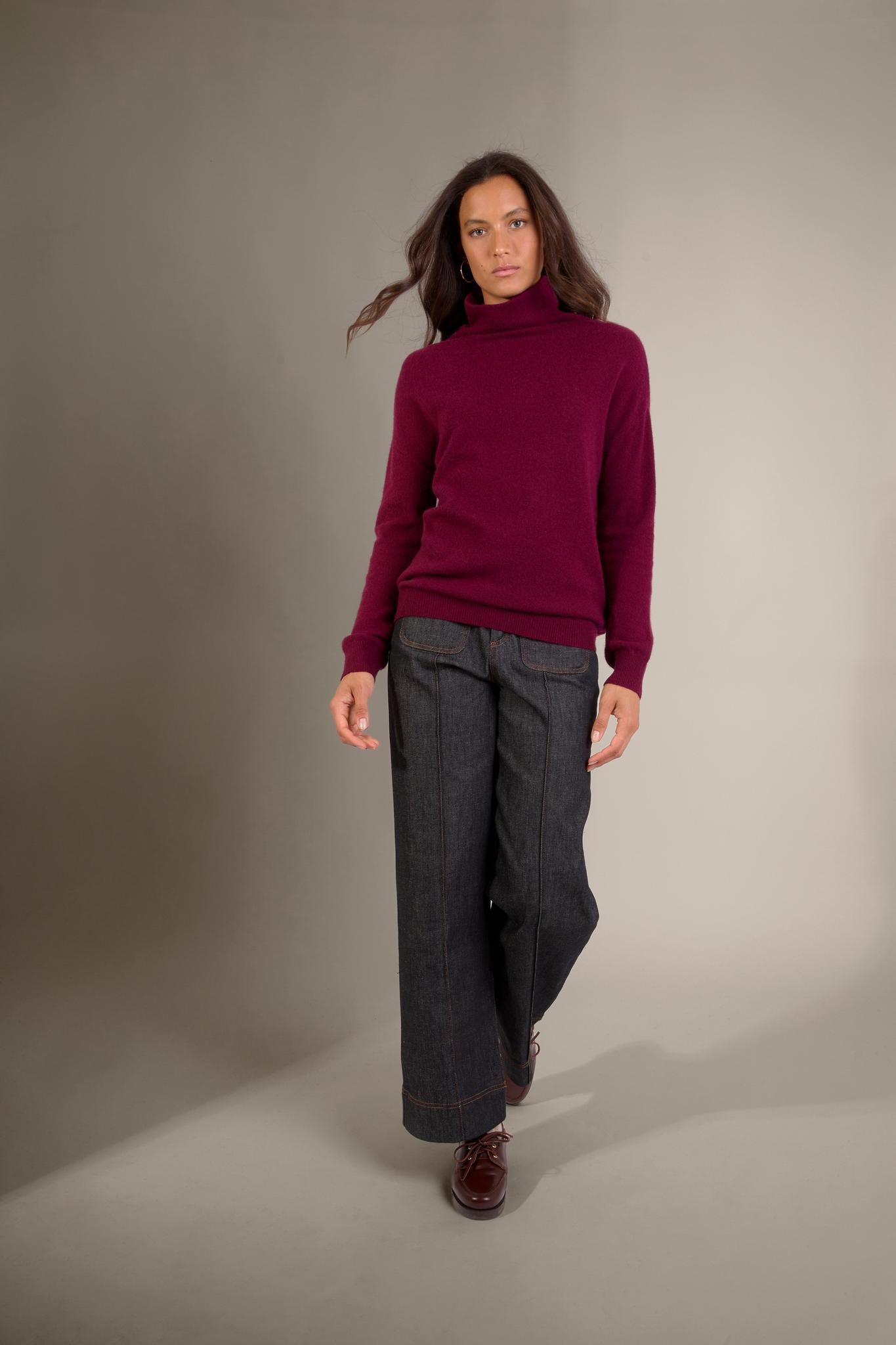 NETHAN pull col montant bordeaux 100% cachemire