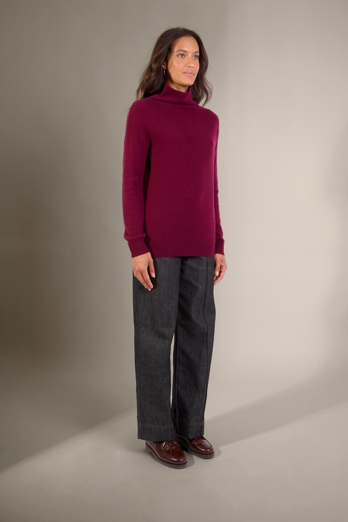 NETHAN pull col montant bordeaux 100% cachemire