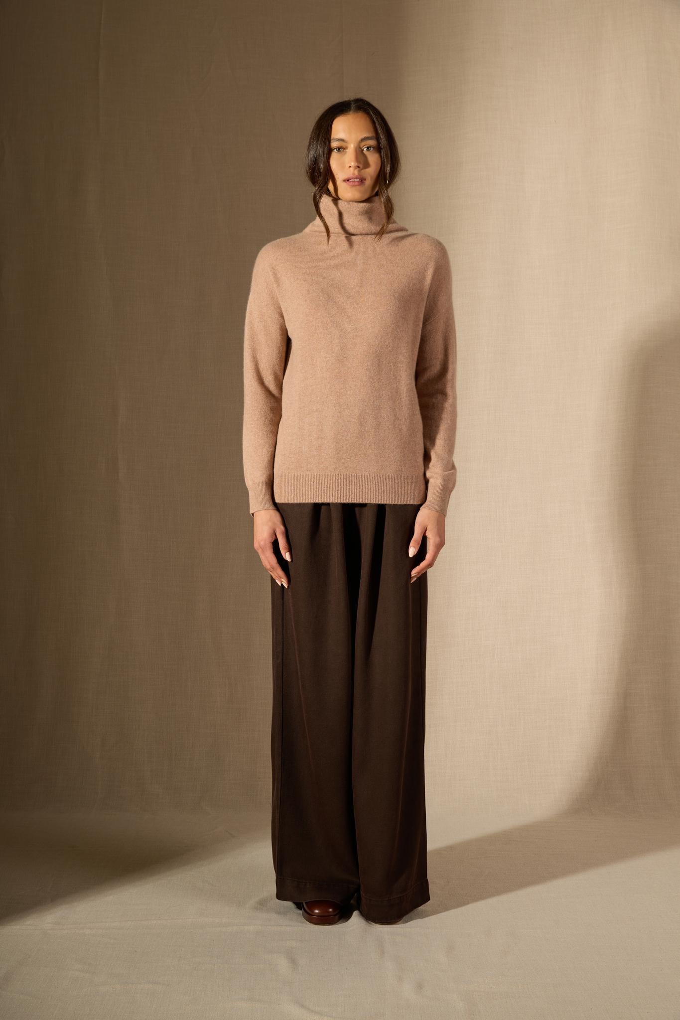 NETHAN pull col montant camel chiné 100% cachemire