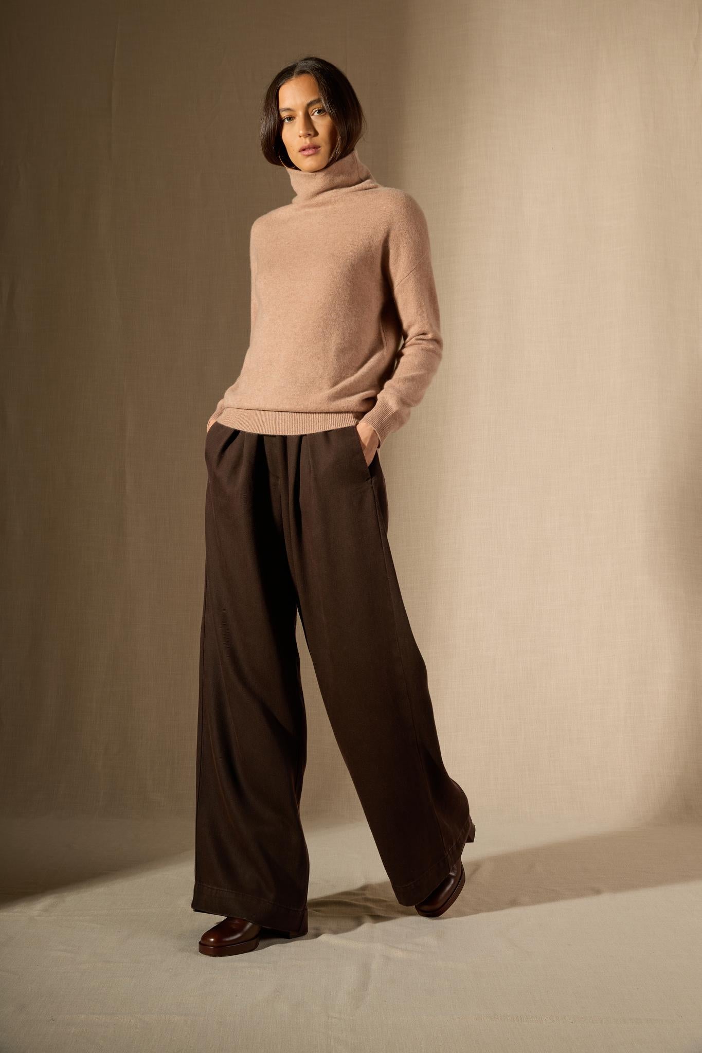 NETHAN pull col montant camel chiné 100% cachemire