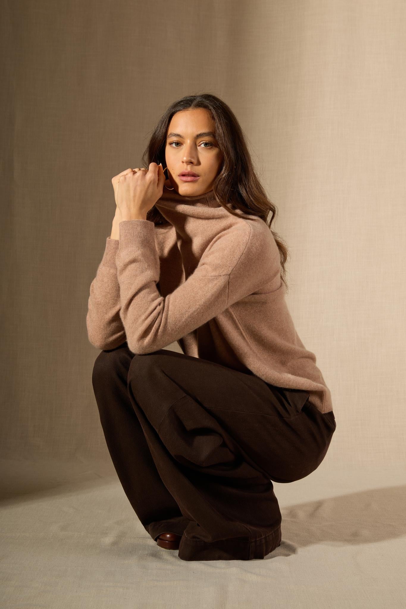 NETHAN pull col montant camel chiné 100% cachemire
